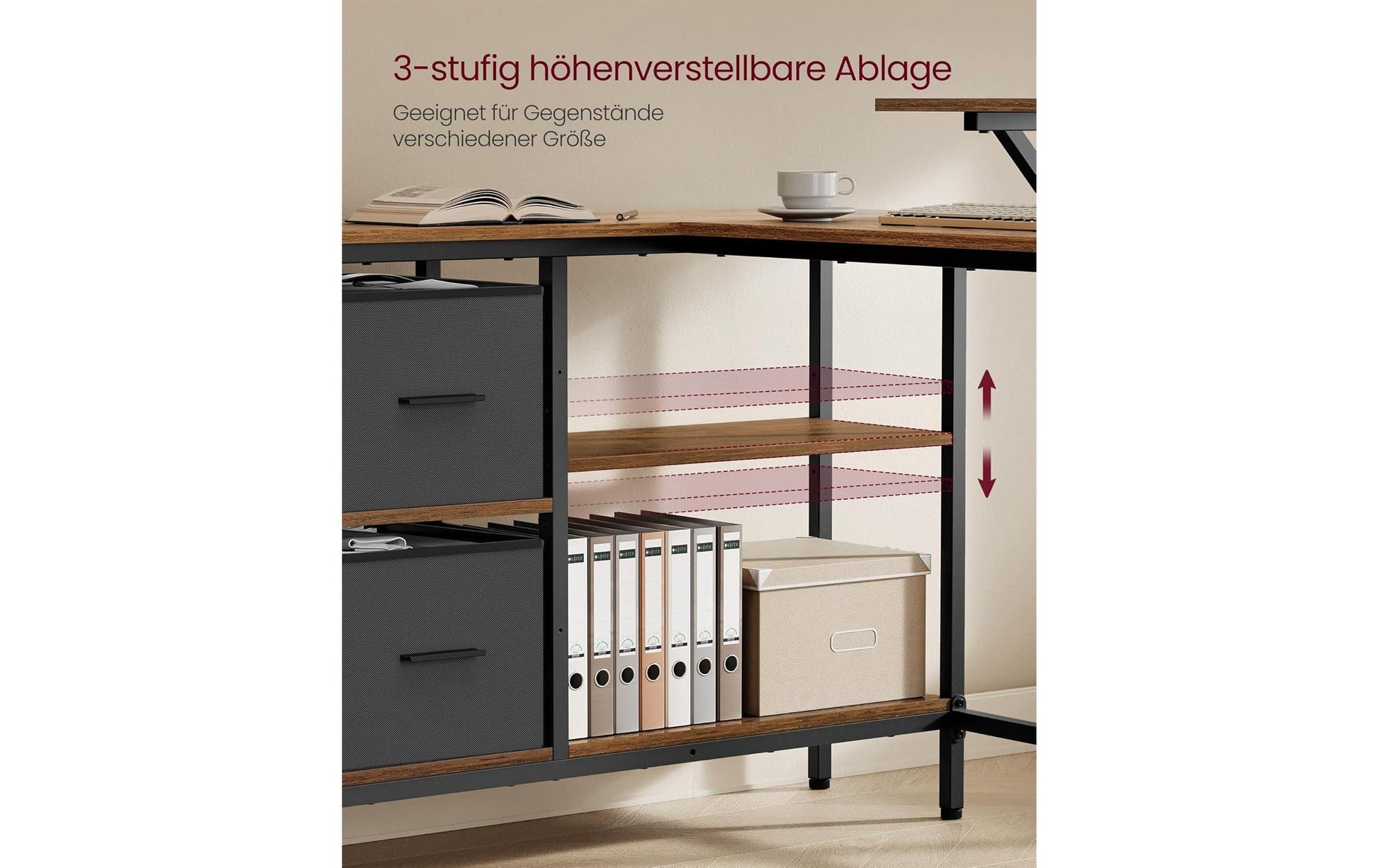 Vasagle Höhenverstellbarer Tisch, 135 × 105 cm, 50 kg, Braun, Spanplatte/Stahl, Schublade