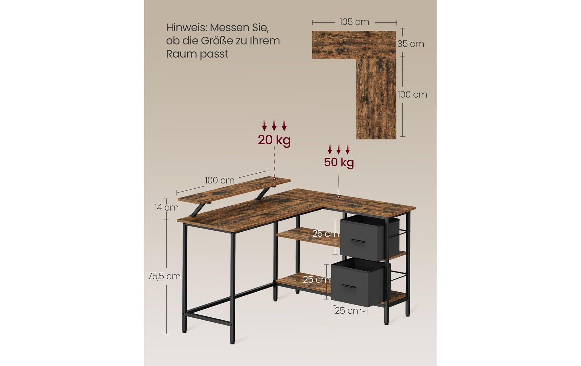 Vasagle Höhenverstellbarer Tisch, 135 × 105 cm, 50 kg, Braun, Spanplatte/Stahl, Schublade
