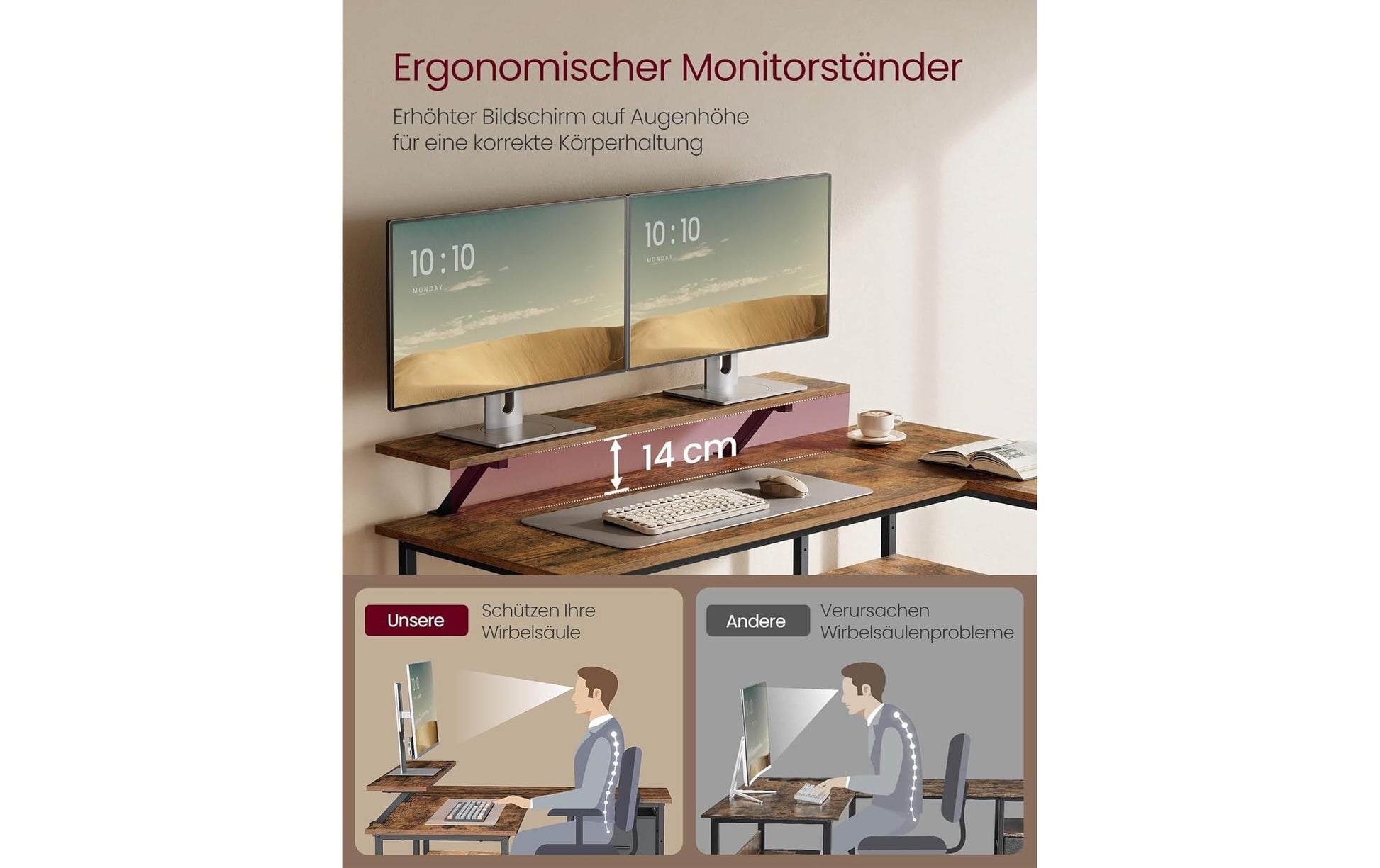 Vasagle Höhenverstellbarer Tisch, 135 × 105 cm, 50 kg, Braun, Spanplatte/Stahl, Schublade
