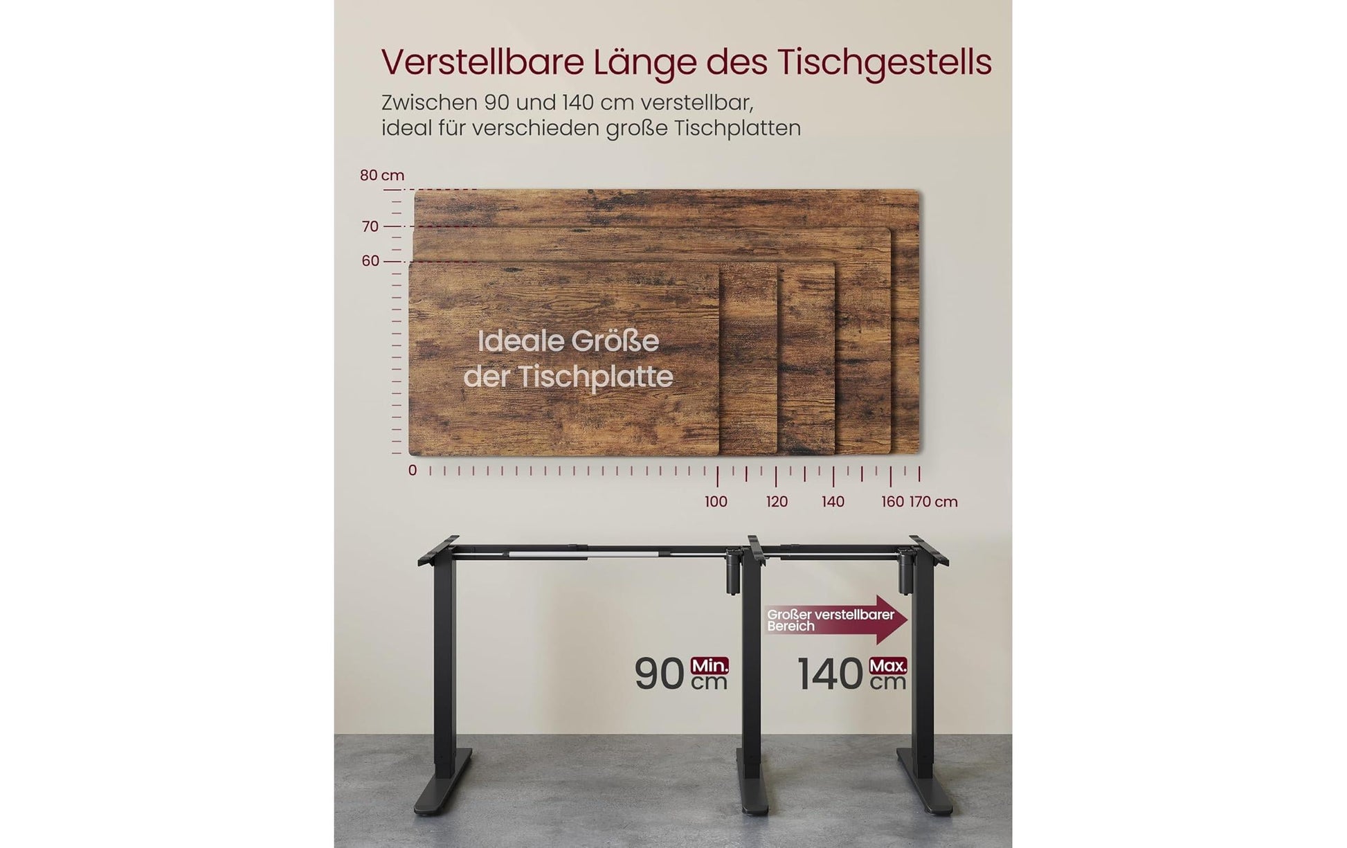 Songmics Höhenverstellbarer Tisch, 50 × 140 cm, 72–120 cm, 70 kg, Schwarz, Stahl