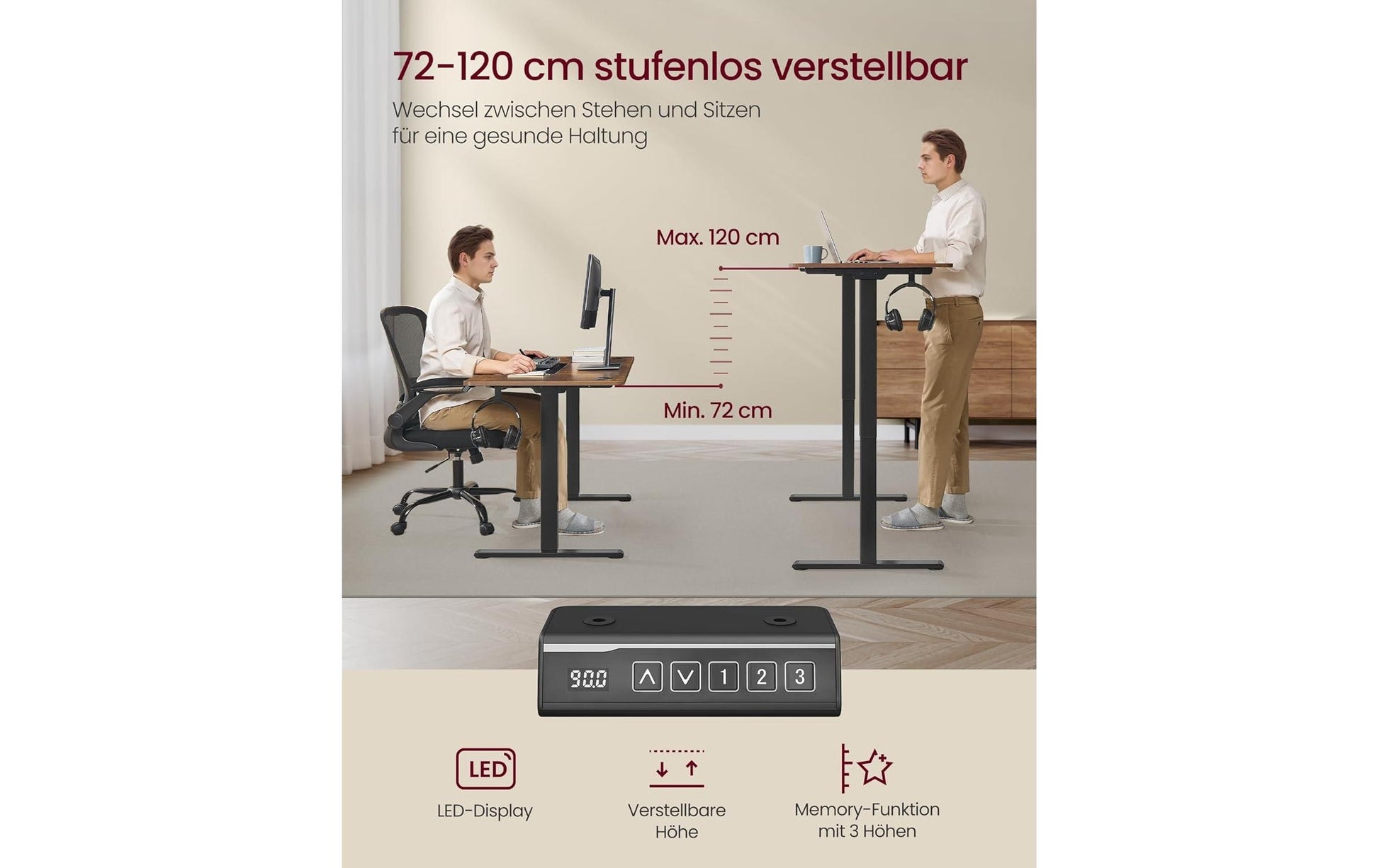 Songmics Höhenverstellbarer Tisch, 50 × 140 cm, 72–120 cm, 70 kg, Schwarz, Stahl