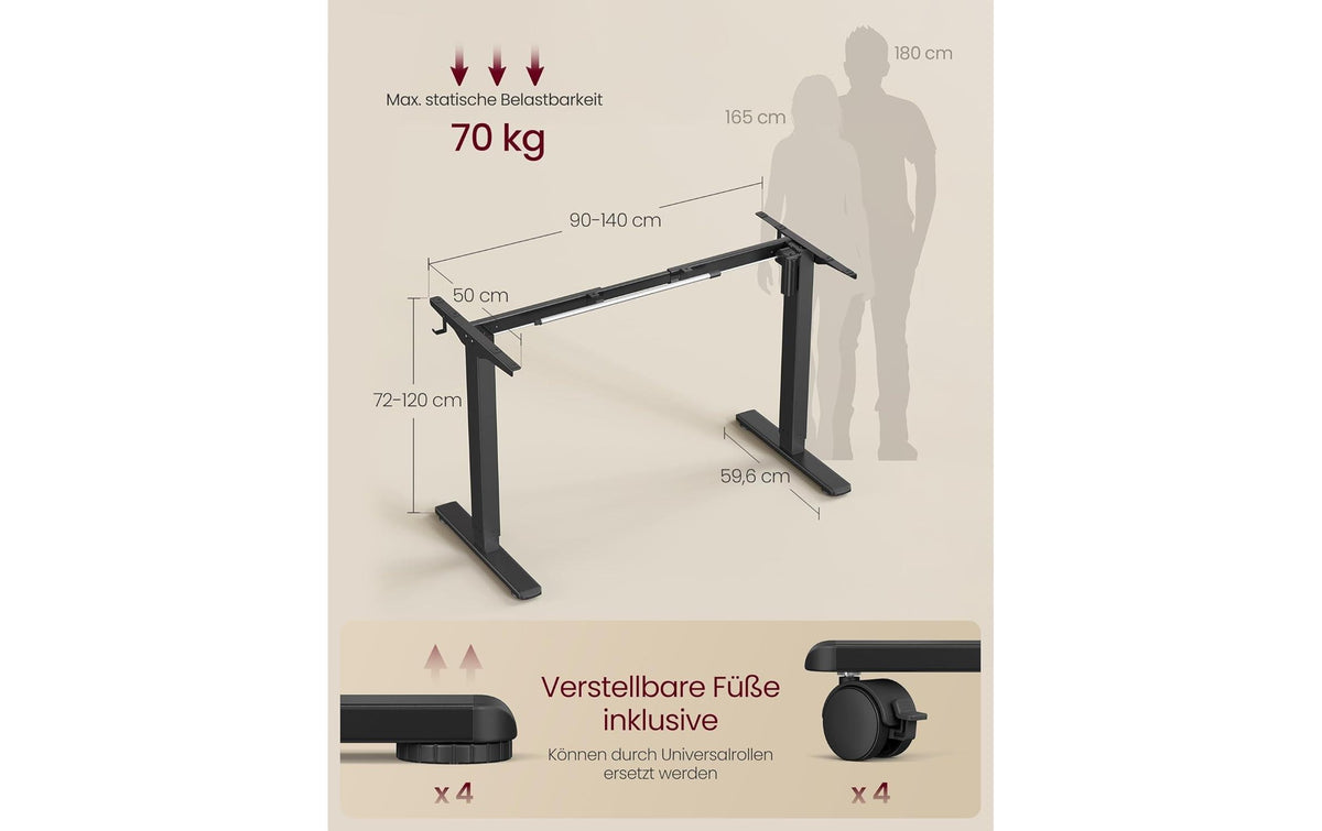 Songmics Höhenverstellbarer Tisch, 50 × 140 cm, 72–120 cm, 70 kg, Schwarz, Stahl