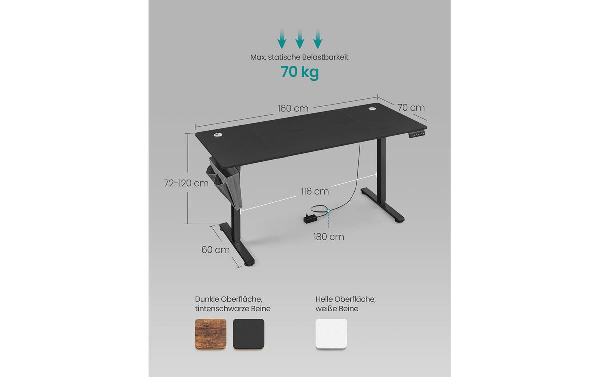 Songmics Höhenverstellbarer Tisch, 160 × 70 cm, 70 kg, Schwarz, Spanplatte/Stahl