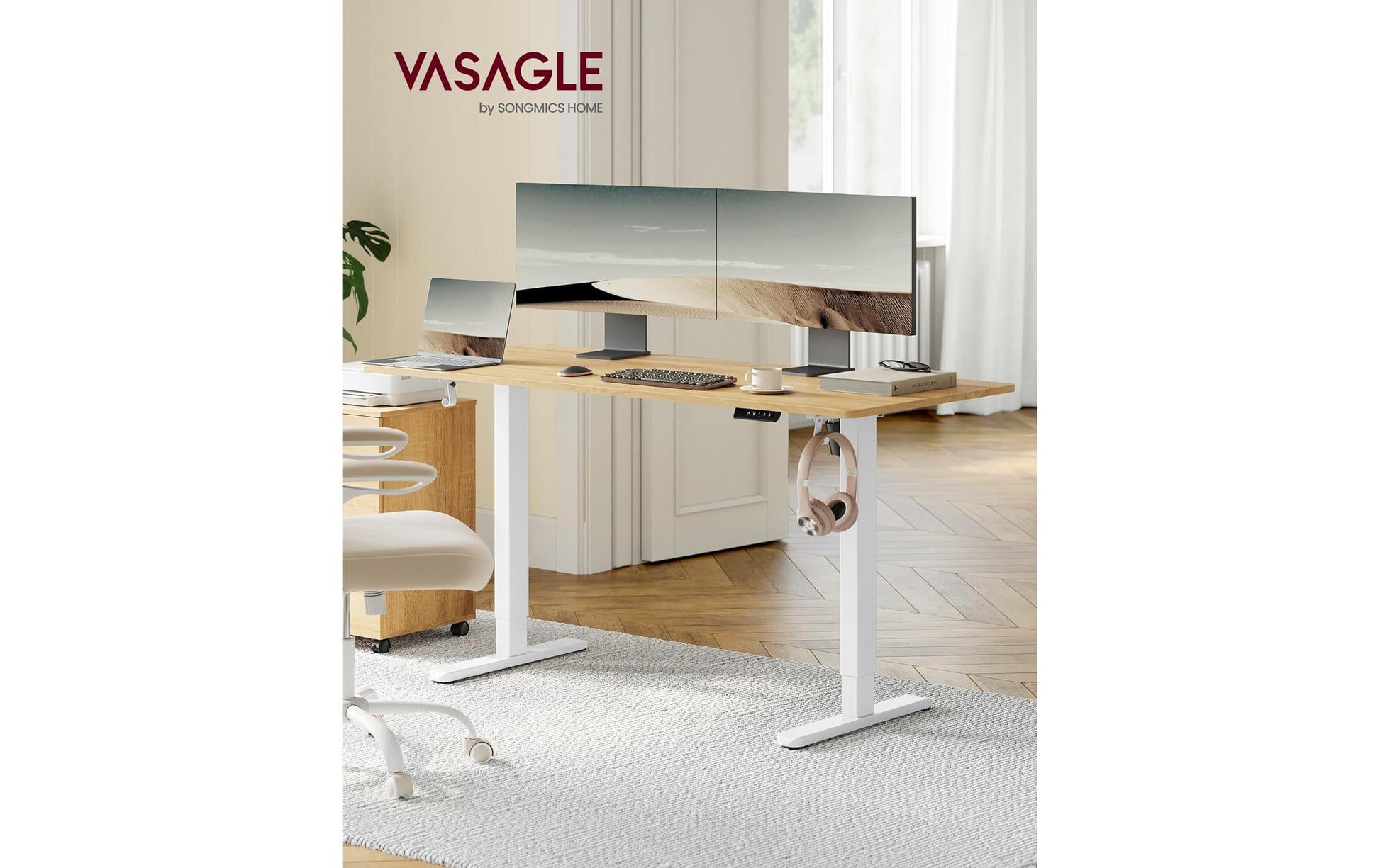 Songmics Höhenverstellbarer Tisch, 50 × 140 cm, 72–118 cm, 70 kg, Weiss, Stahl, 4 Rollen