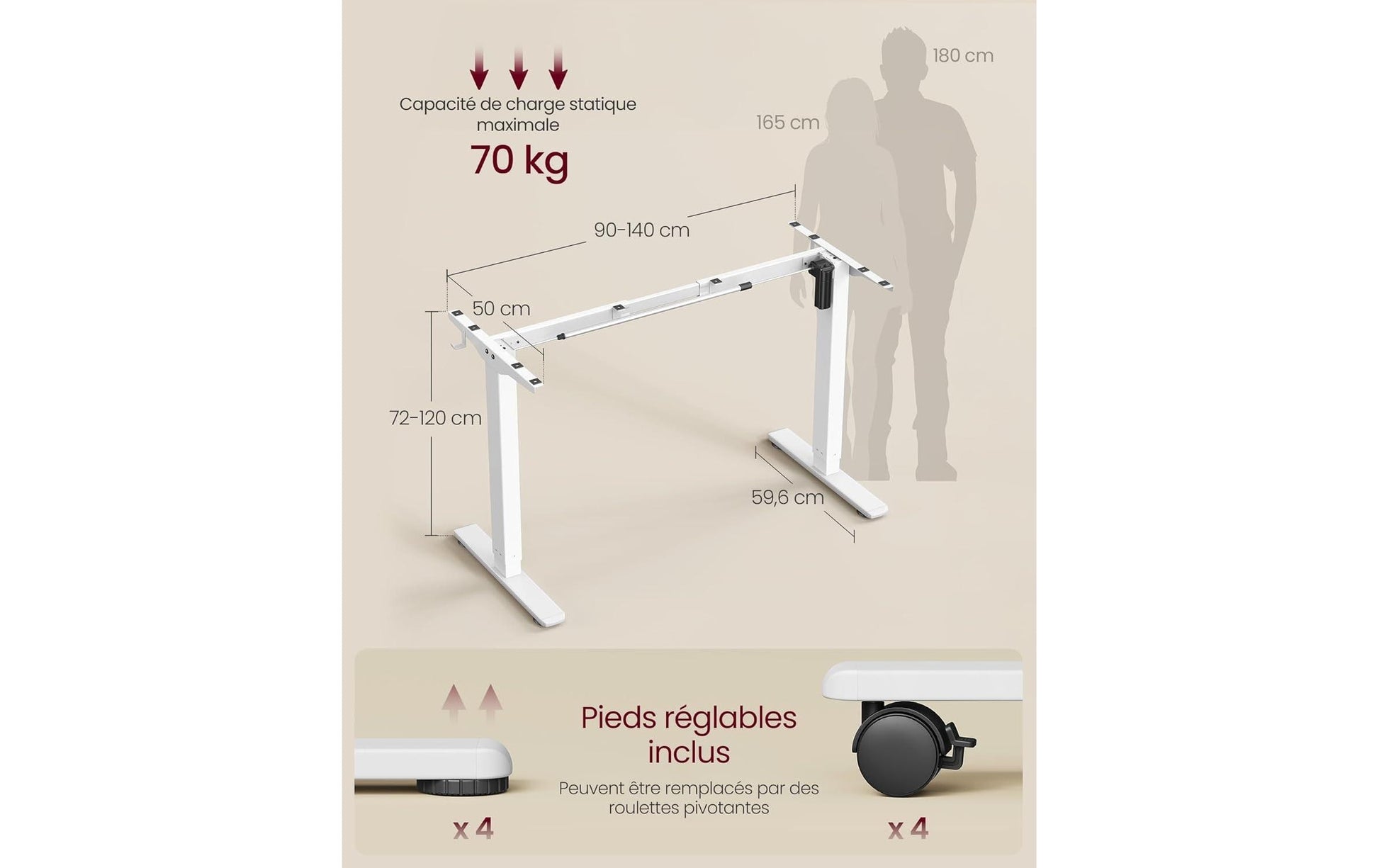 Songmics Höhenverstellbarer Tisch, 50 × 140 cm, 72–118 cm, 70 kg, Weiss, Stahl, 4 Rollen