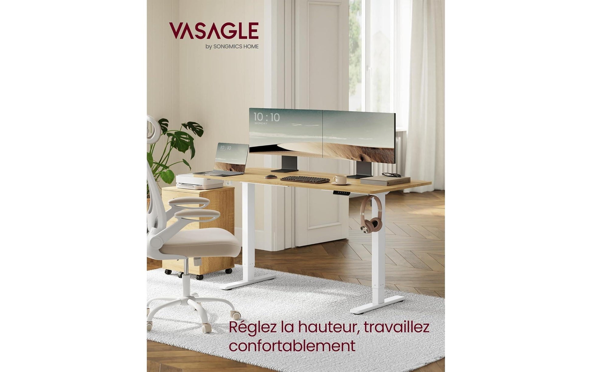 Songmics Höhenverstellbarer Tisch, 50 × 140 cm, 72–118 cm, 70 kg, Weiss, Stahl, 4 Rollen