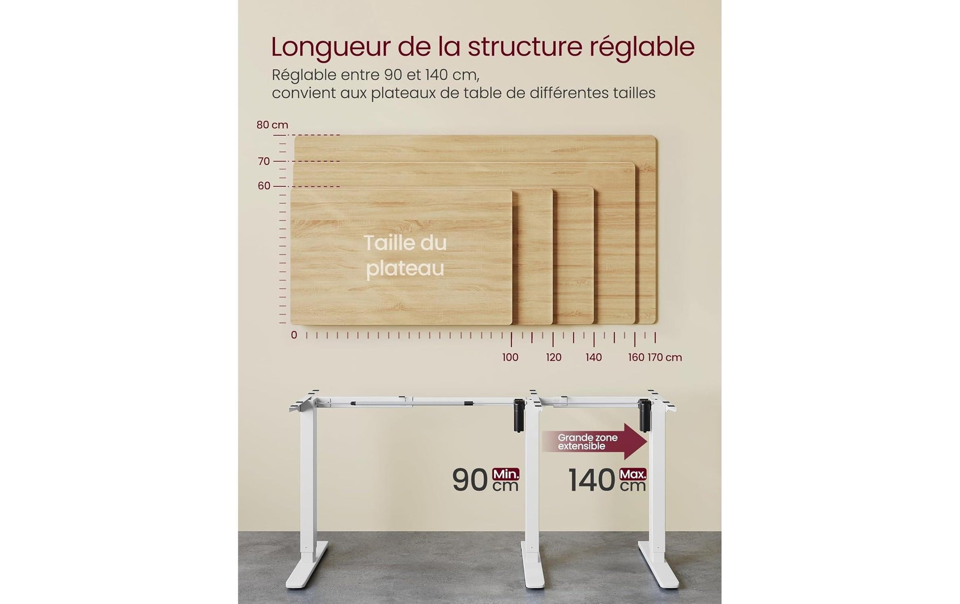 Songmics Höhenverstellbarer Tisch, 50 × 140 cm, 72–118 cm, 70 kg, Weiss, Stahl, 4 Rollen