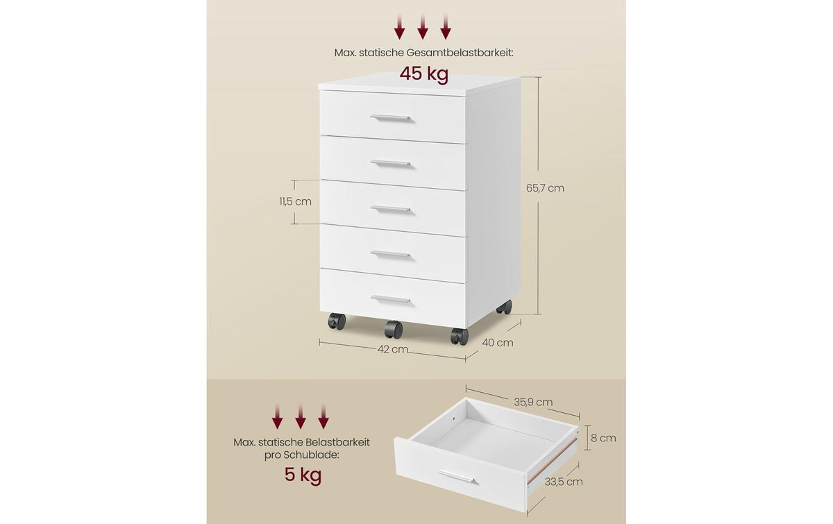 Songmics Rollcontainer, 5 Schubladen, 400 × 420 × 657 mm, weiss, Spanplatte