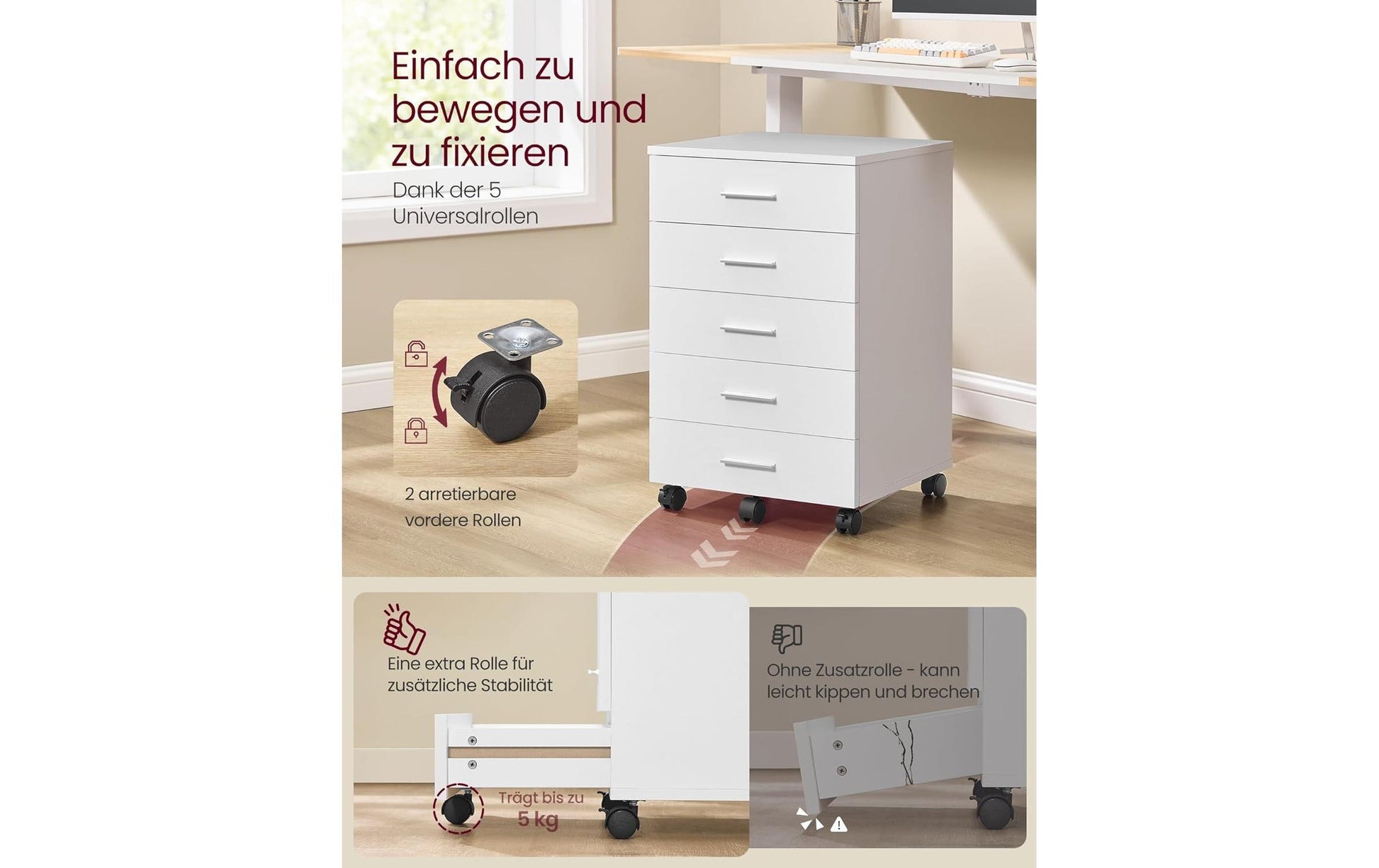 Songmics Rollcontainer, 5 Schubladen, 400 × 420 × 657 mm, weiss, Spanplatte