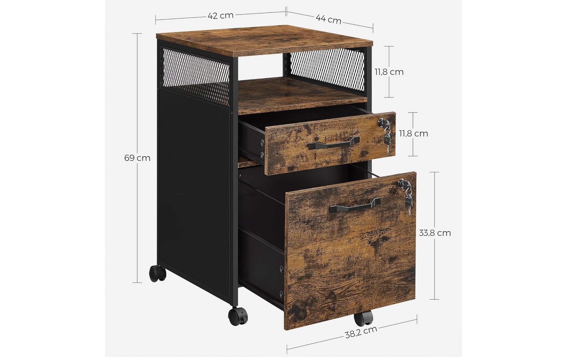 Vasagle Rollcontainer, 2 Schubladen, abschliessbar, 440 × 420 × 690 mm, Braun, Stahl