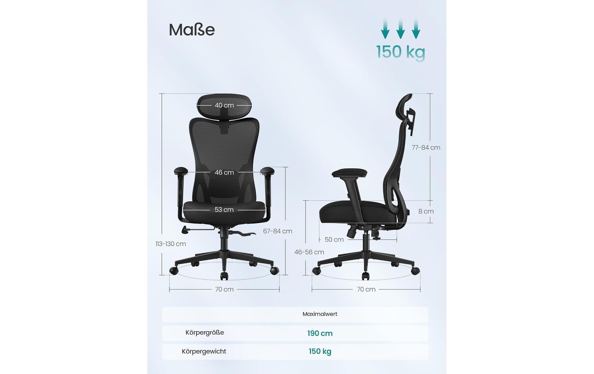 Songmics Bürostuhl – Netzrücken, Polyester – Schwarz, mit Armlehnen, 46–56 cm, bis 150 kg