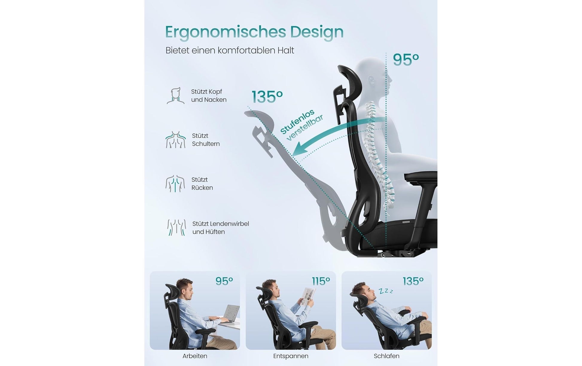 Songmics Bürostuhl – Netzrücken, Polyester – Schwarz, mit Armlehnen, 46–56 cm, bis 150 kg