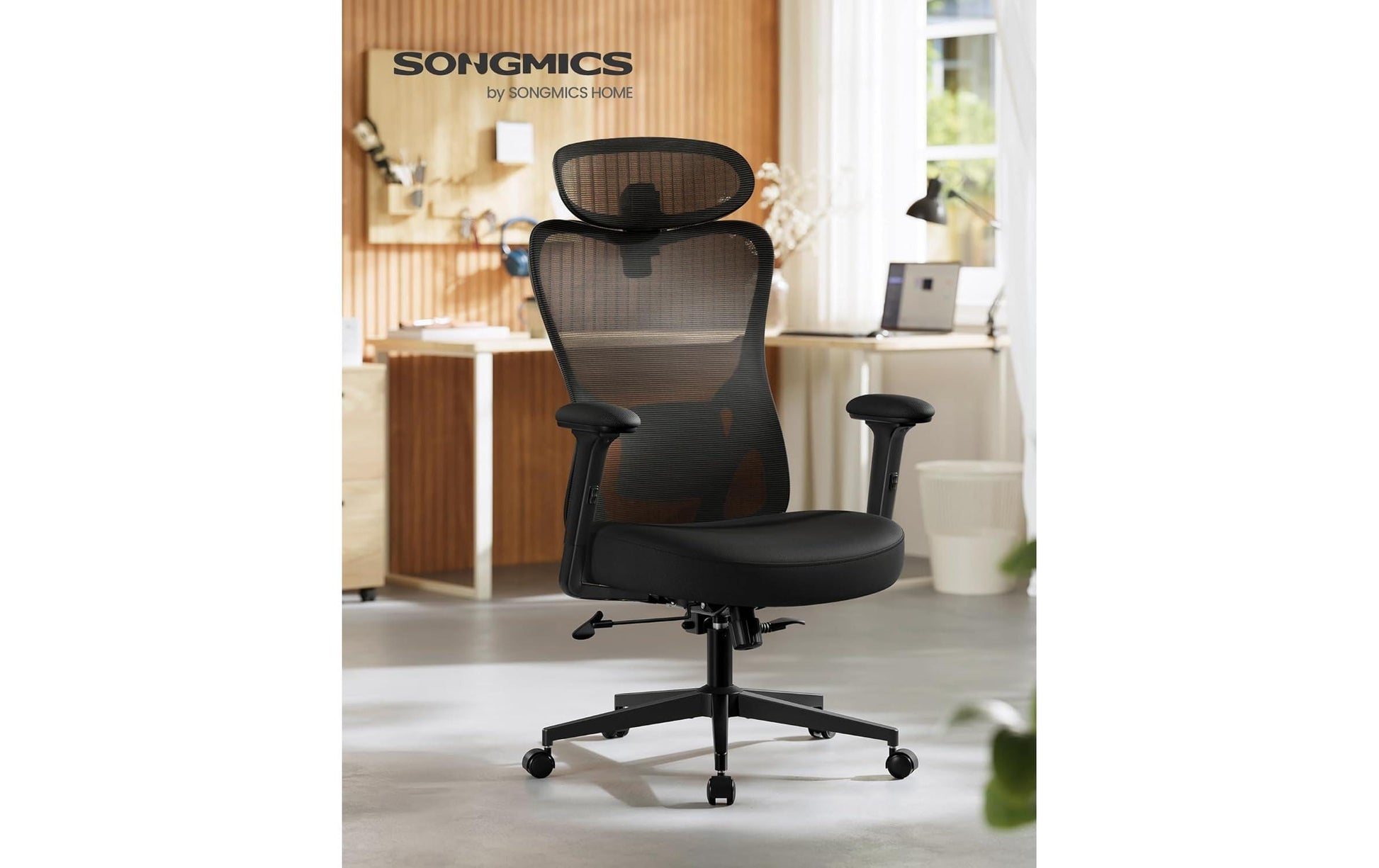 Songmics Bürostuhl – Netzrücken, Polyester – Schwarz, mit Armlehnen, 46–56 cm, bis 150 kg
