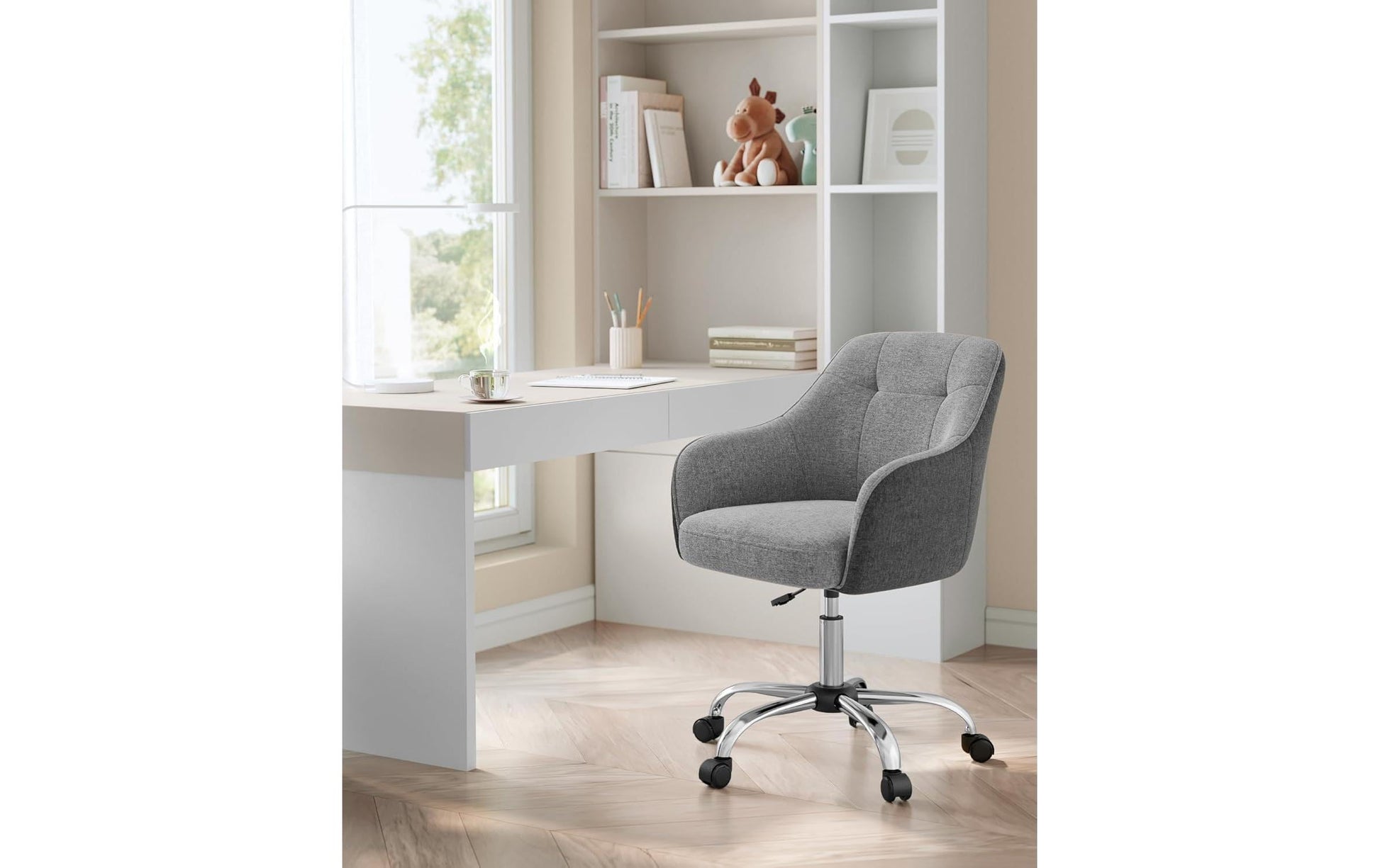 Songmics Bürostuhl – Polsterrücken/Leinen – Grau, Armlehnen, 45–55 cm, bis 120 kg
