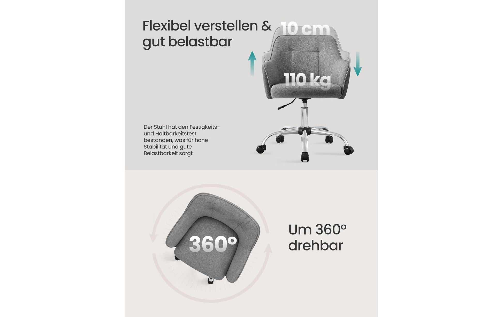 Songmics Bürostuhl – Polsterrücken/Leinen – Grau, Armlehnen, 45–55 cm, bis 120 kg