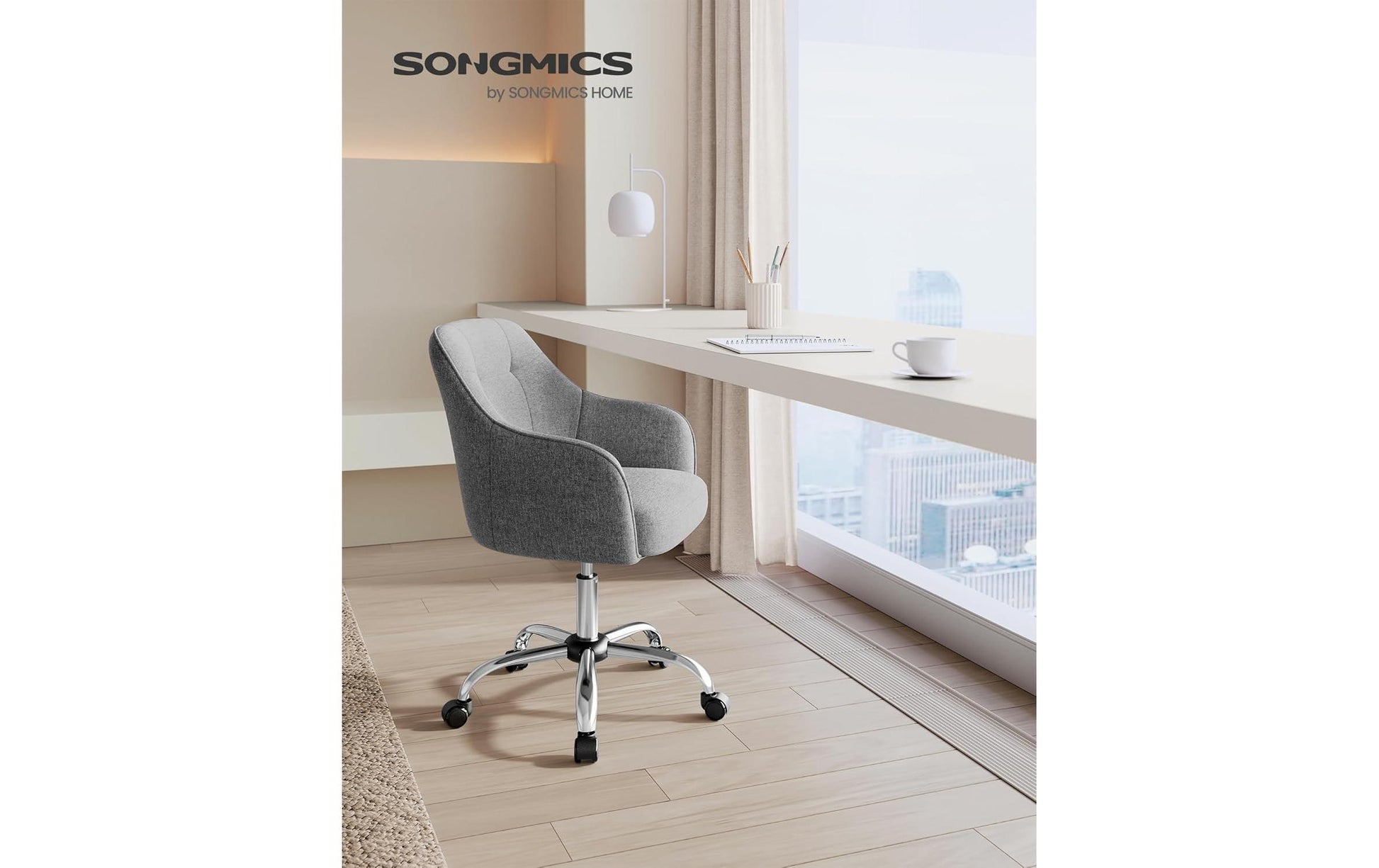 Songmics Bürostuhl – Polsterrücken/Leinen – Grau, Armlehnen, 45–55 cm, bis 120 kg