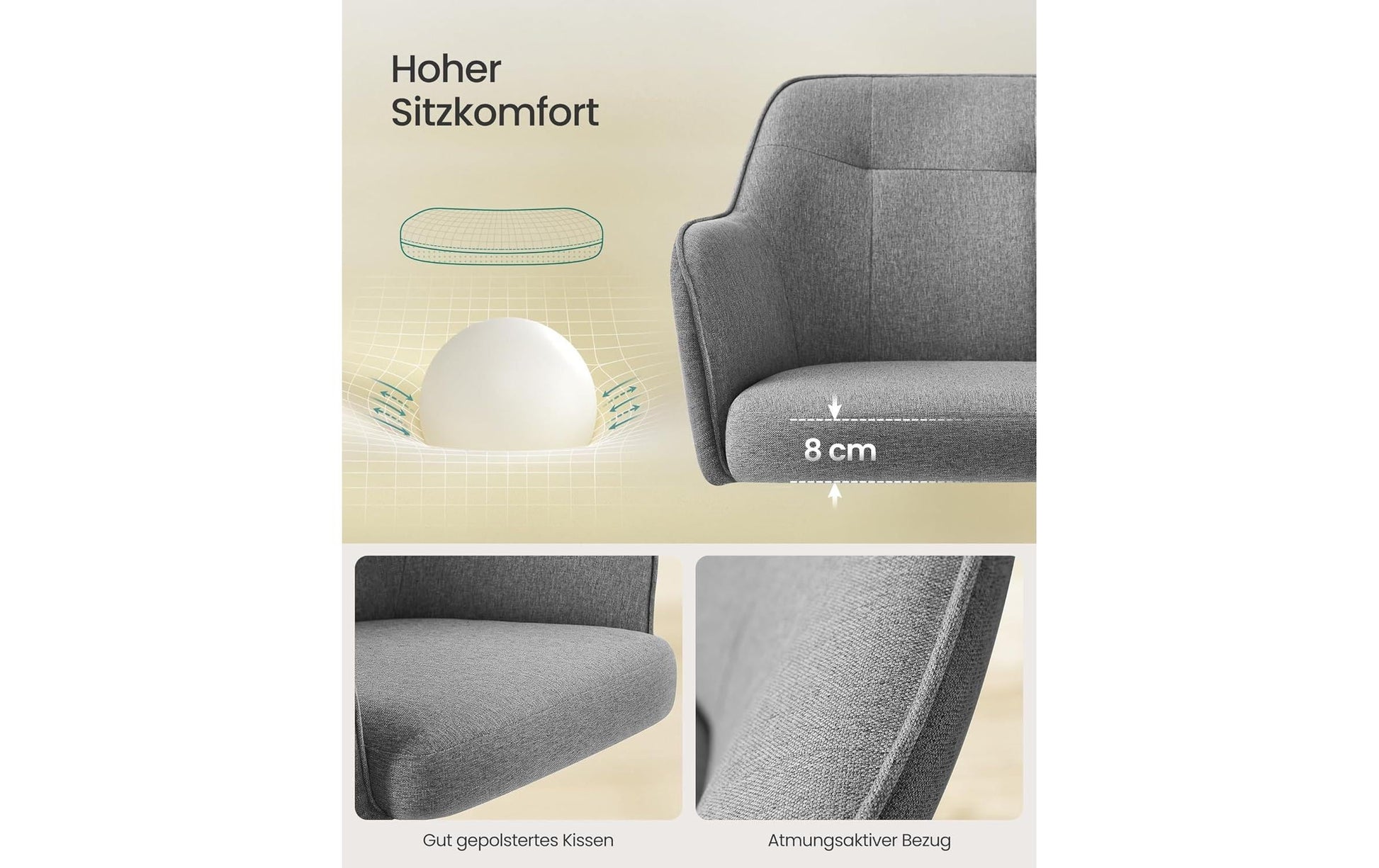 Songmics Bürostuhl – Polsterrücken/Leinen – Grau, Armlehnen, 45–55 cm, bis 120 kg