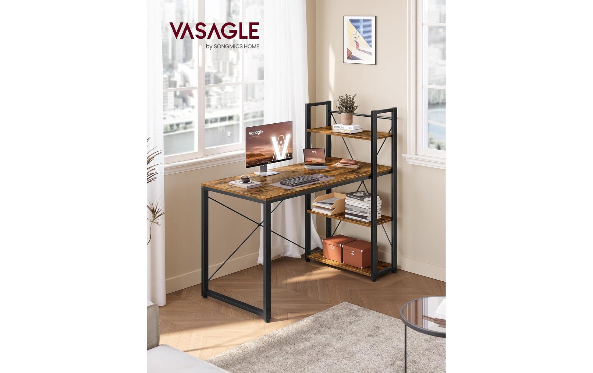 Vasagle Höhenverstellbarer Tisch, 56 × 120 cm, 50 kg, Schwarz, Spanplatte/Stahl