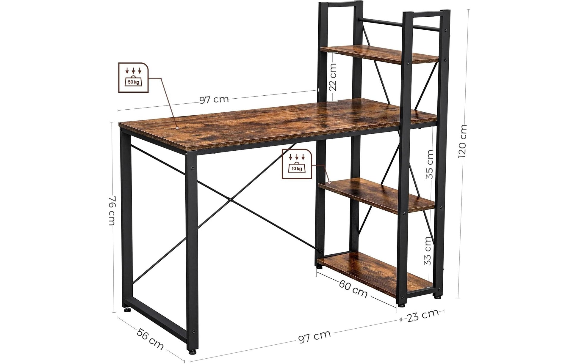Vasagle Höhenverstellbarer Tisch, 56 × 120 cm, 50 kg, Schwarz, Spanplatte/Stahl