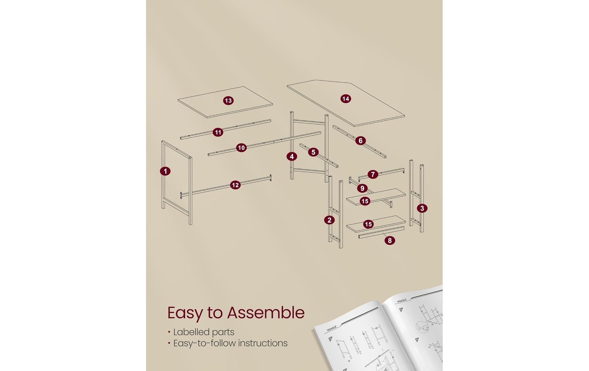 Vasagle Bürotisch, 120 × 130 cm, 50 kg, schwarz, Spanplatte/Stahl