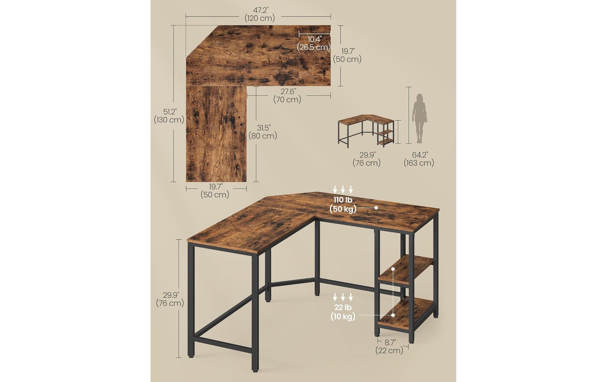 Vasagle Bürotisch, 120 × 130 cm, 50 kg, schwarz, Spanplatte/Stahl