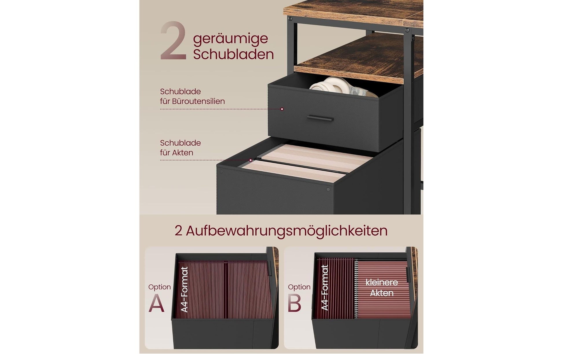 Vasagle Höhenverstellbarer Tisch, 60 × 160 cm, 50 kg, Braun/Schwarz, Spanplatte/Stahl, 2 Schubladen