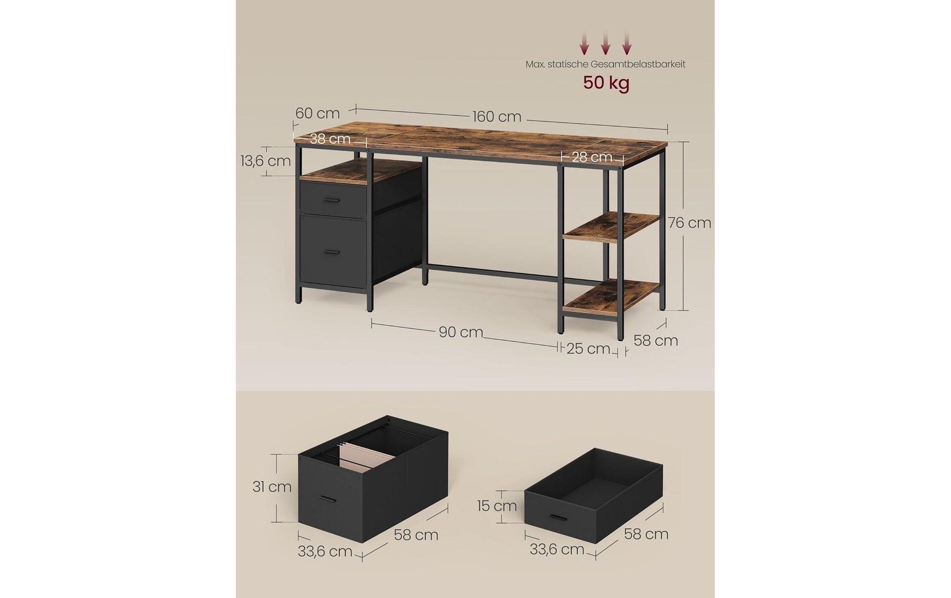Vasagle Höhenverstellbarer Tisch, 60 × 160 cm, 50 kg, Braun/Schwarz, Spanplatte/Stahl, 2 Schubladen