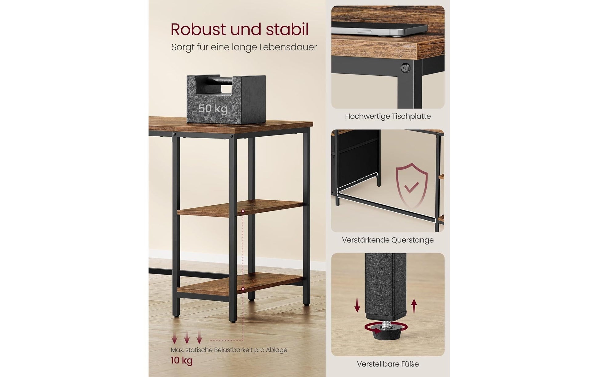 Vasagle Höhenverstellbarer Tisch, 60 × 160 cm, 50 kg, Braun/Schwarz, Spanplatte/Stahl, 2 Schubladen