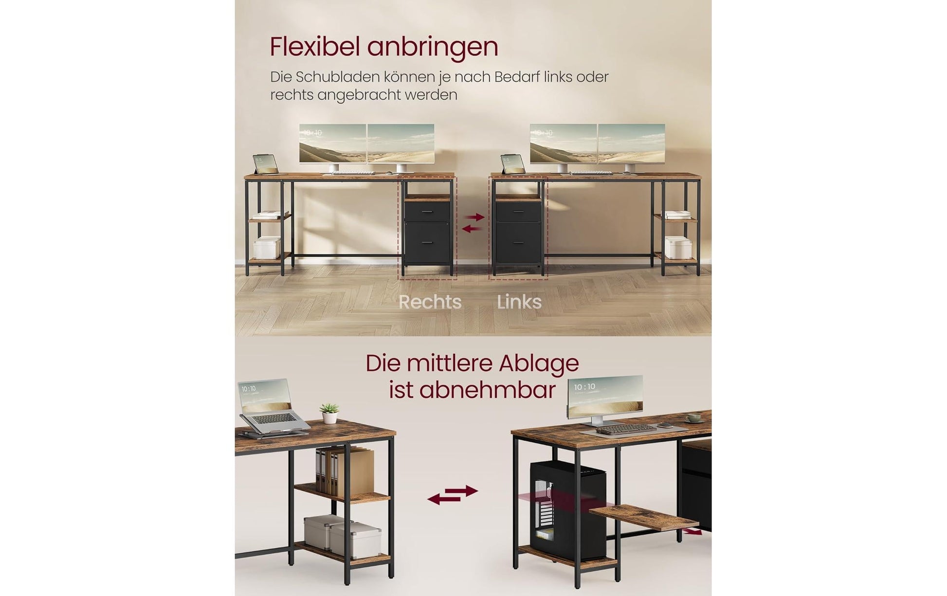 Vasagle Höhenverstellbarer Tisch, 60 × 160 cm, 50 kg, Braun/Schwarz, Spanplatte/Stahl, 2 Schubladen