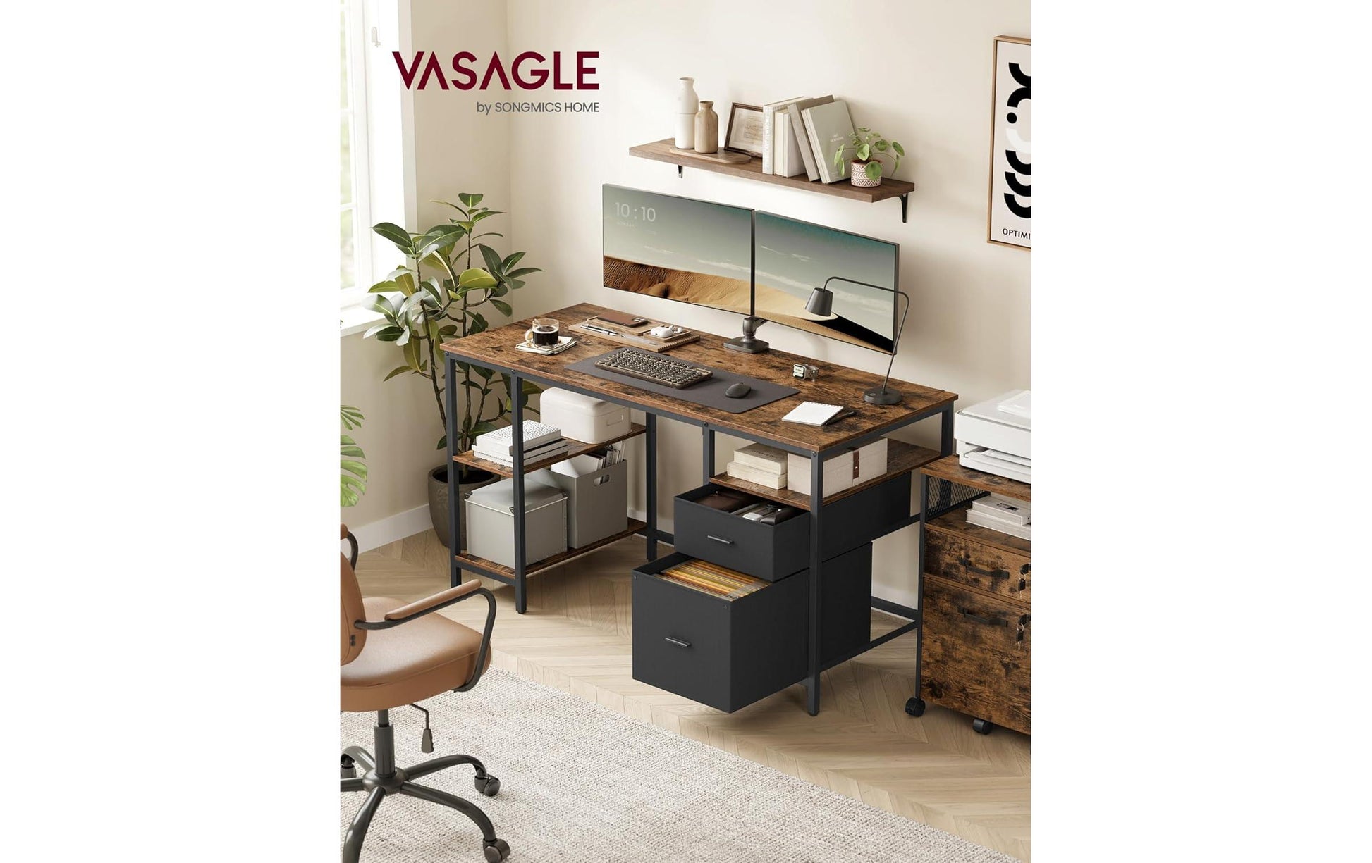 Vasagle Höhenverstellbarer Tisch, 140 × 60 cm, 50 kg, Schwarz/Braun, Spanplatte/Stahl, 2 Schubladen