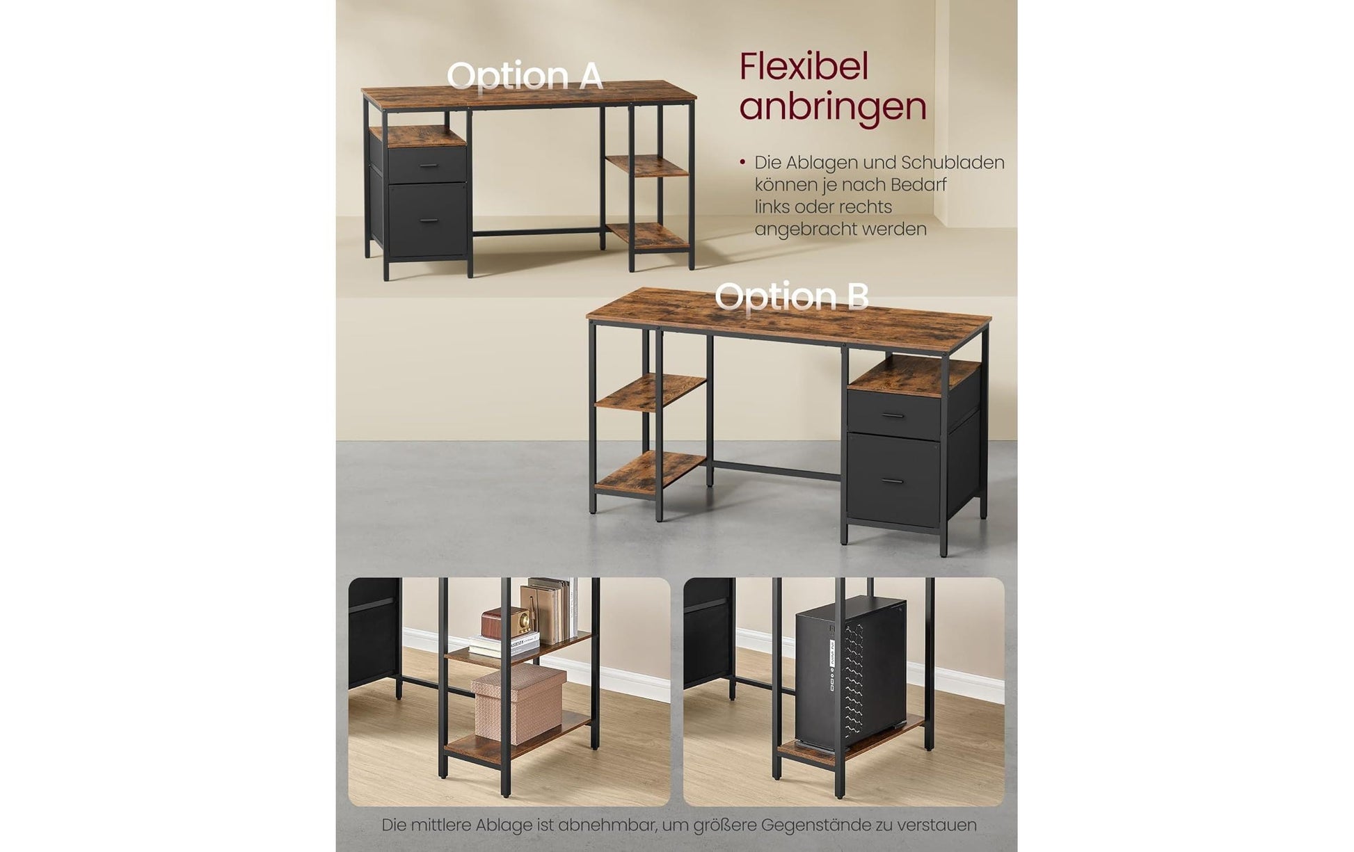 Vasagle Höhenverstellbarer Tisch, 140 × 60 cm, 50 kg, Schwarz/Braun, Spanplatte/Stahl, 2 Schubladen
