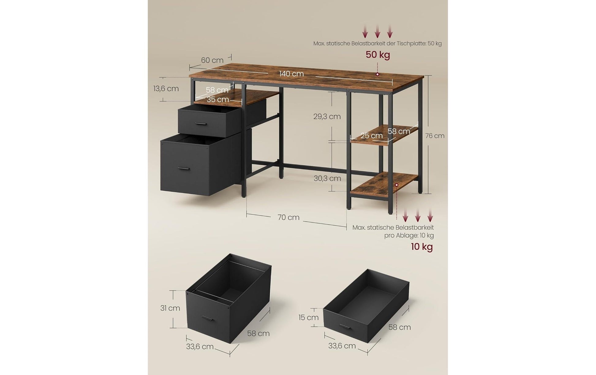 Vasagle Höhenverstellbarer Tisch, 140 × 60 cm, 50 kg, Schwarz/Braun, Spanplatte/Stahl, 2 Schubladen