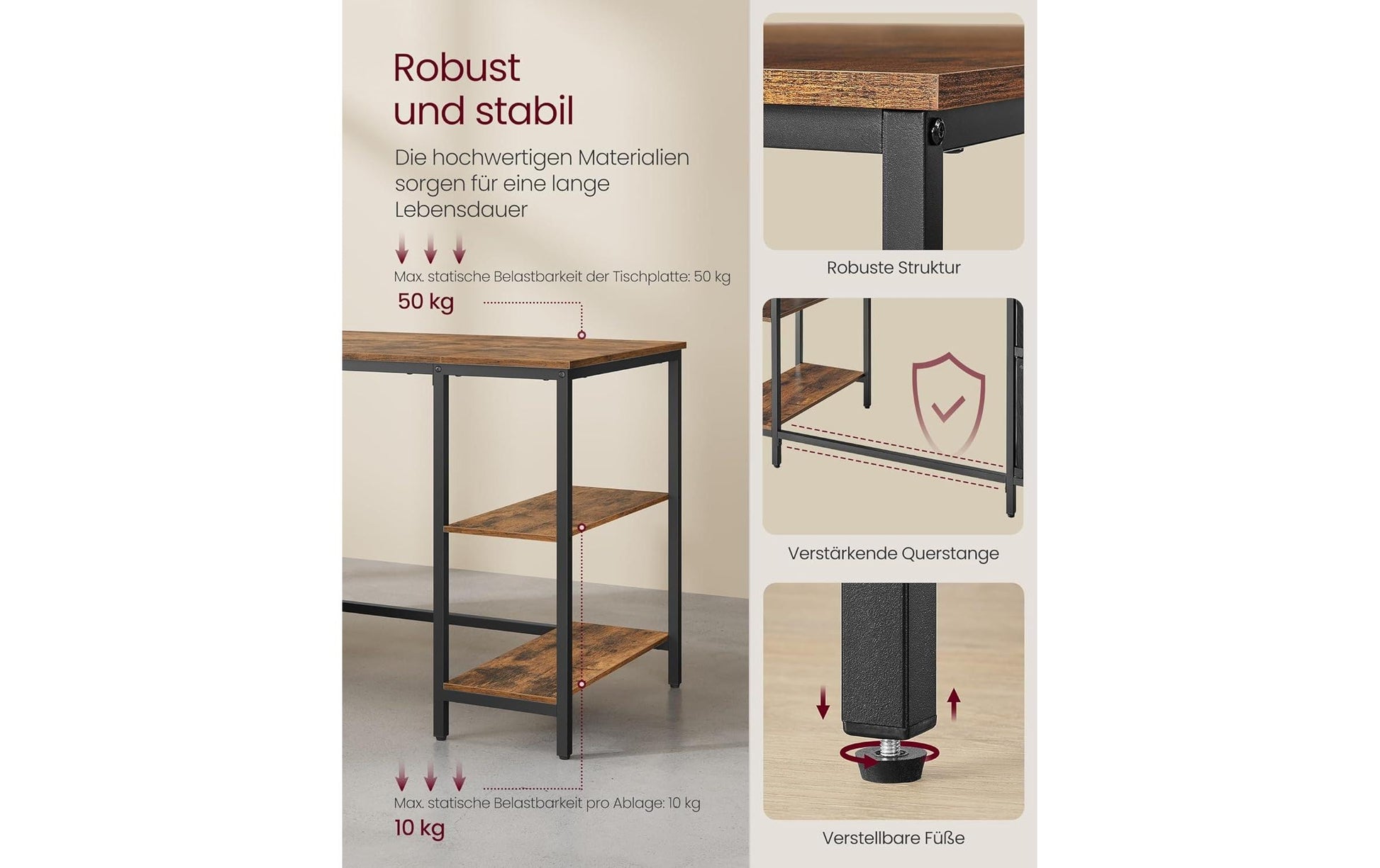 Vasagle Höhenverstellbarer Tisch, 140 × 60 cm, 50 kg, Schwarz/Braun, Spanplatte/Stahl, 2 Schubladen