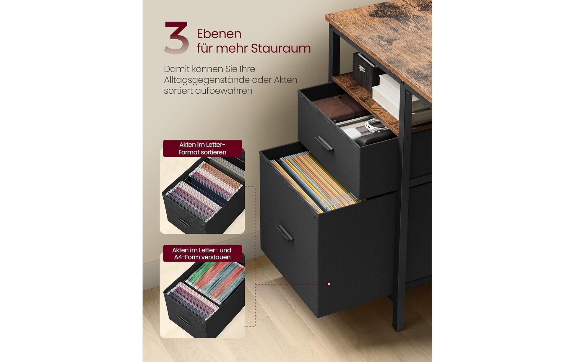 Vasagle Höhenverstellbarer Tisch, 140 × 60 cm, 50 kg, Schwarz/Braun, Spanplatte/Stahl, 2 Schubladen