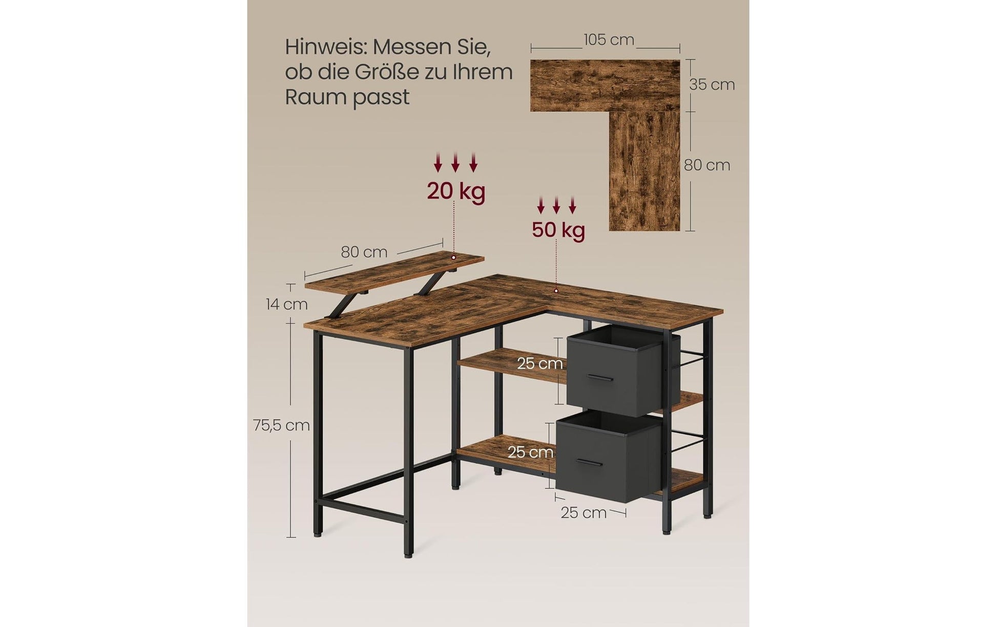 Vasagle Höhenverstellbarer Tisch, 105 × 115 cm, 50 kg, Braun, Spanplatte/Stahl