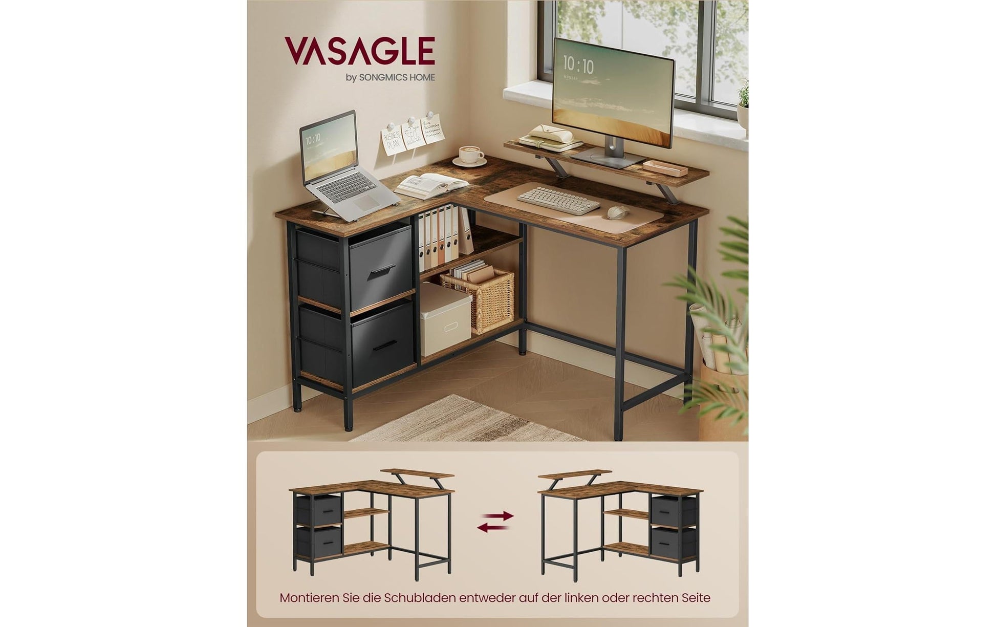Vasagle Höhenverstellbarer Tisch, 105 × 115 cm, 50 kg, Braun, Spanplatte/Stahl