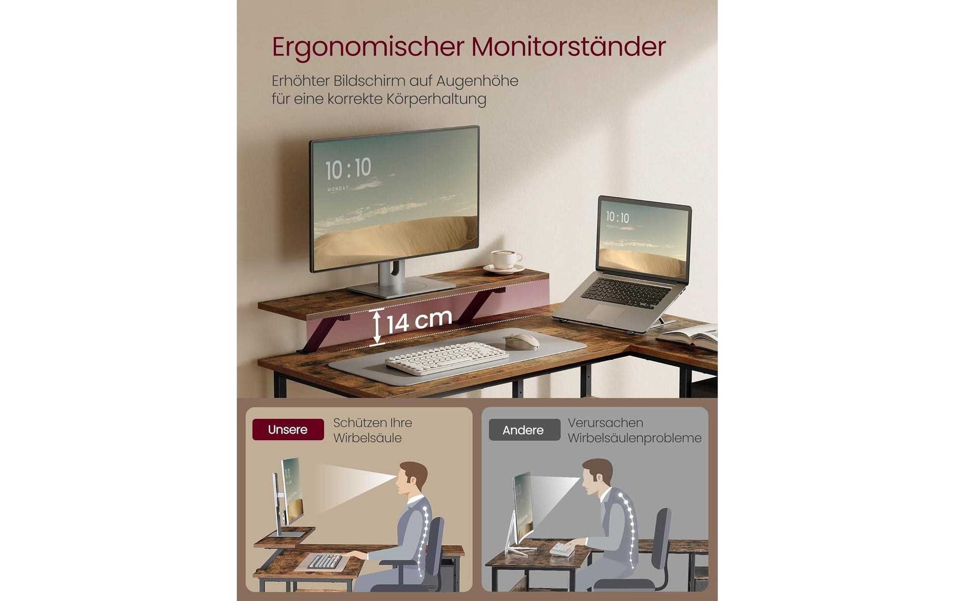 Vasagle Höhenverstellbarer Tisch, 105 × 115 cm, 50 kg, Braun, Spanplatte/Stahl