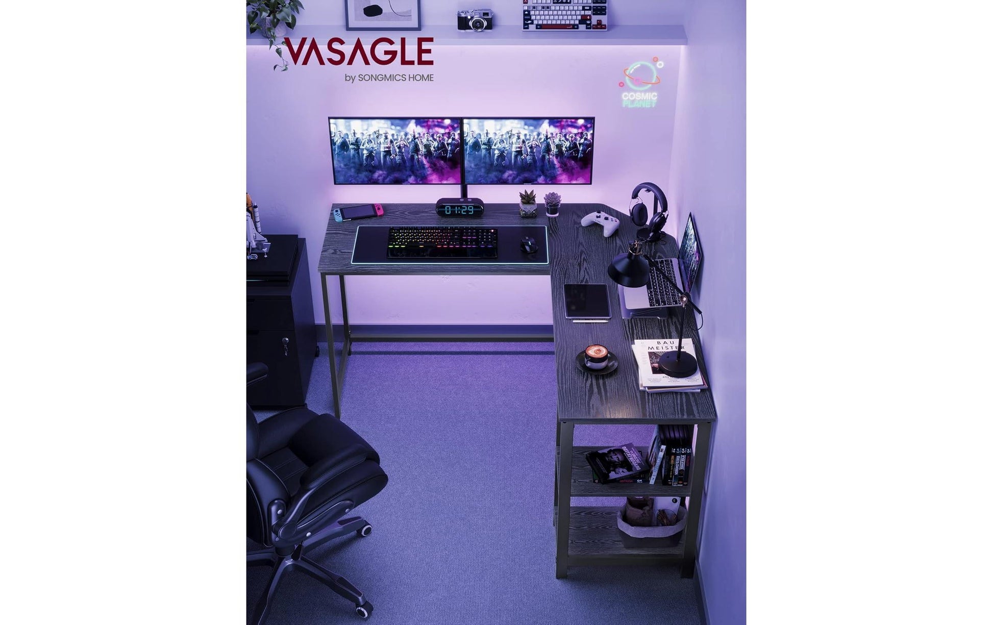 Vasagle Höhenverstellbarer Tisch, 138 × 138 cm, 50 kg, Schwarz, Spanplatte/Stahl
