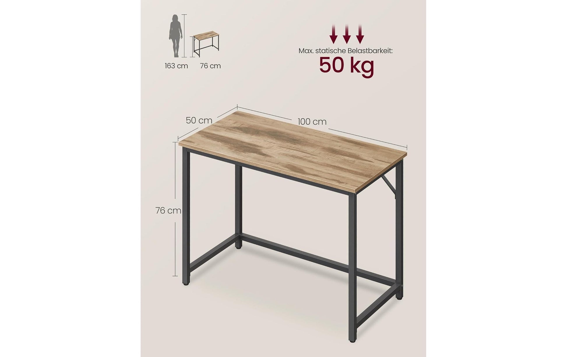 Vasagle Bürotisch, 50 × 100 cm, 50 kg, Schwarz/Braun, Spanplatte/Stahl