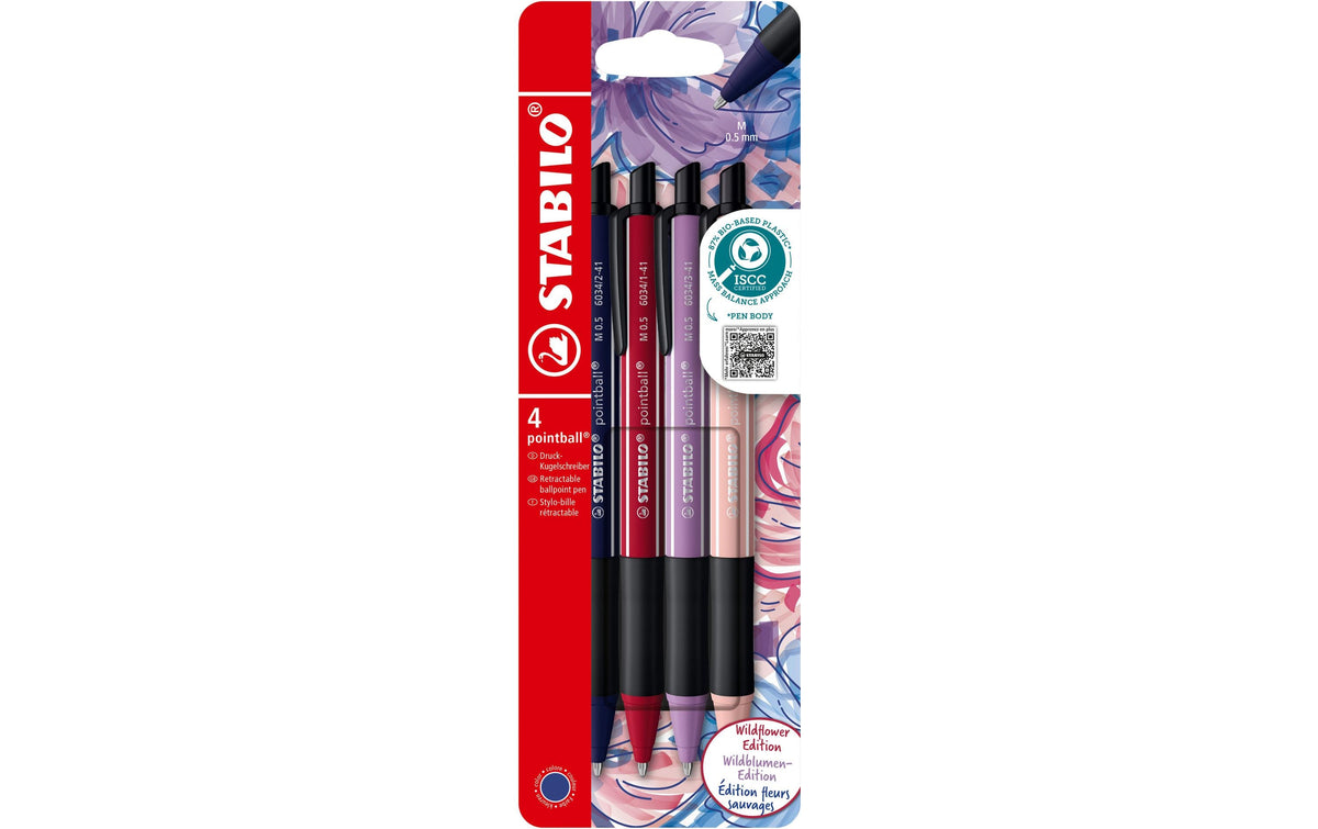 STABILO Pointball Wildflower Kugelschreiber – 4er Etui, Blau, Spitze 0,5 mm, Druck, dokumentenecht, nachfüllbar