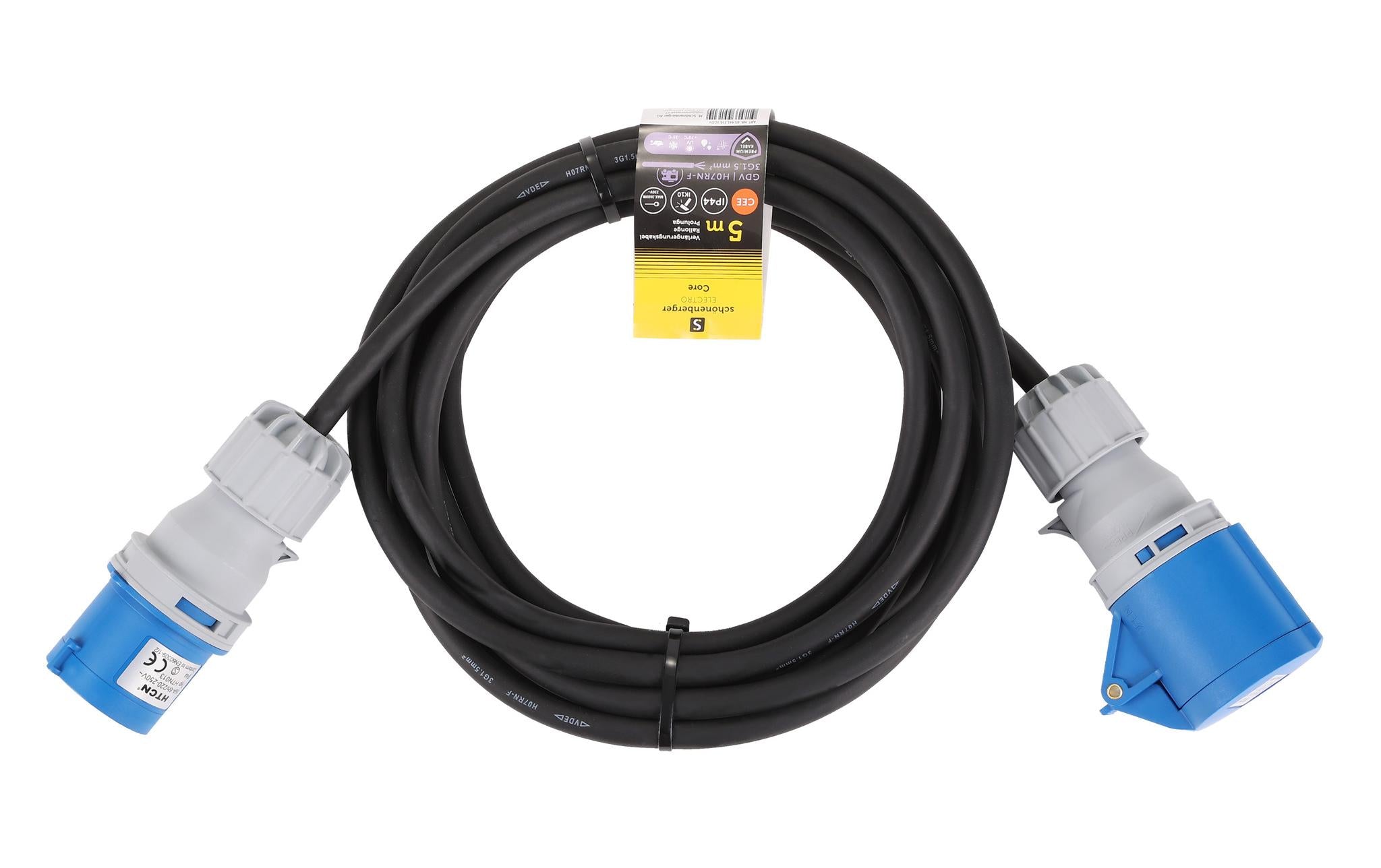 M. Schönenberger Verlängerungskabel, CEE 16-3 zu CEE 16-3, 5 m, IP44, 1,5 mm² – Blau/Schwarz