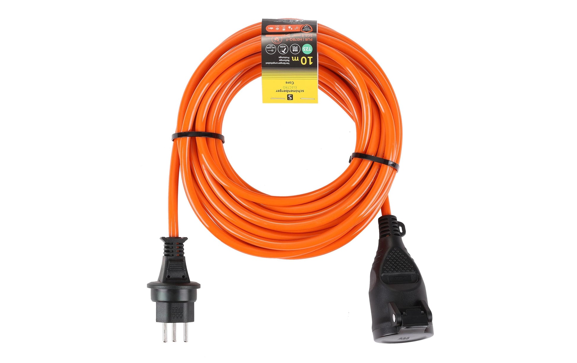 M. Schönenberger Verlängerungskabel, T23–T23, 10 m, IP55, 1,5 mm², PUR-Mantel – Orange/Schwarz