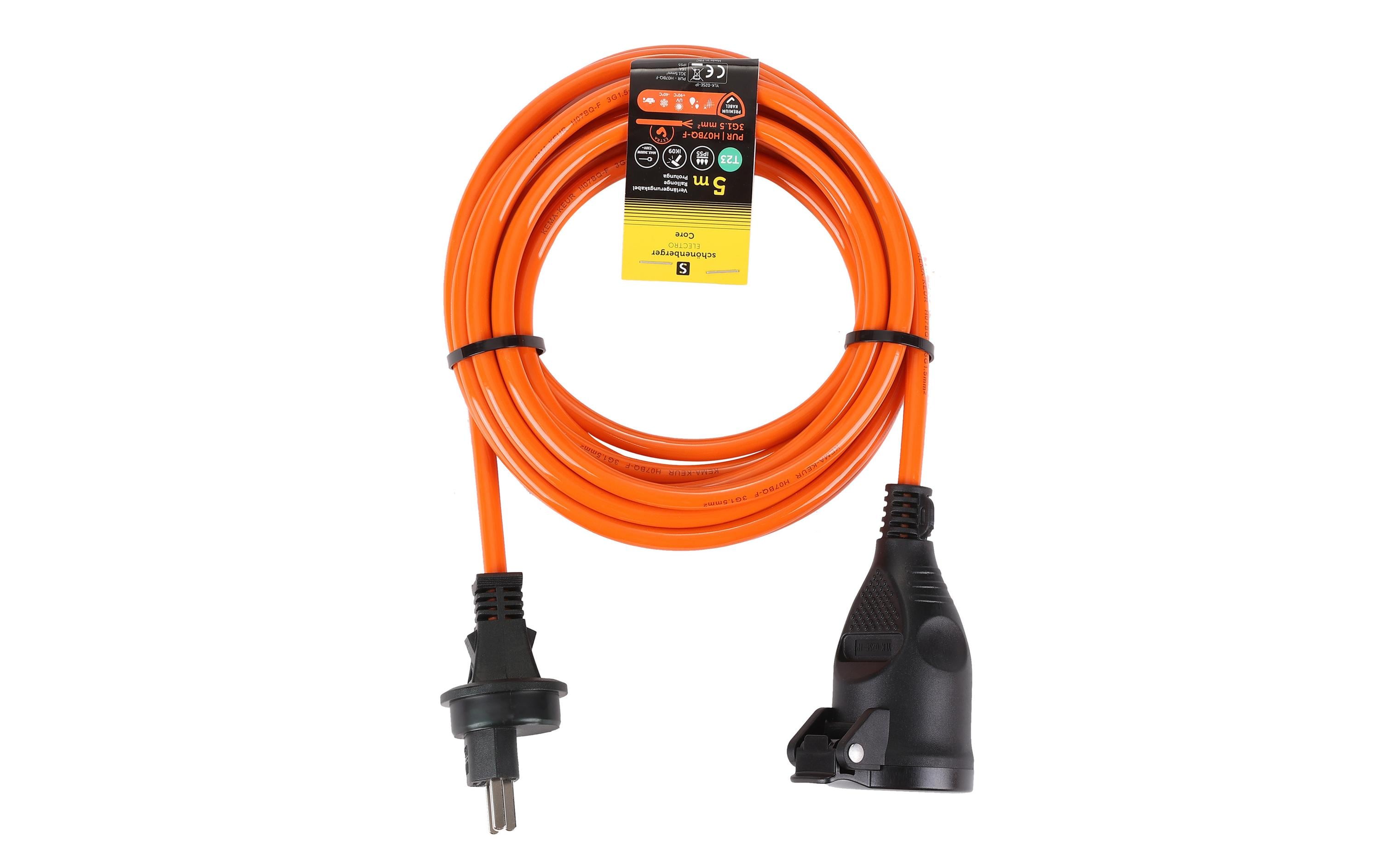 M. Schönenberger Schönenberger Verlängerungskabel T23–T23, 5 m, 1,5 mm², H07BQ‑F PUR, für Aussenanwendung – Orange