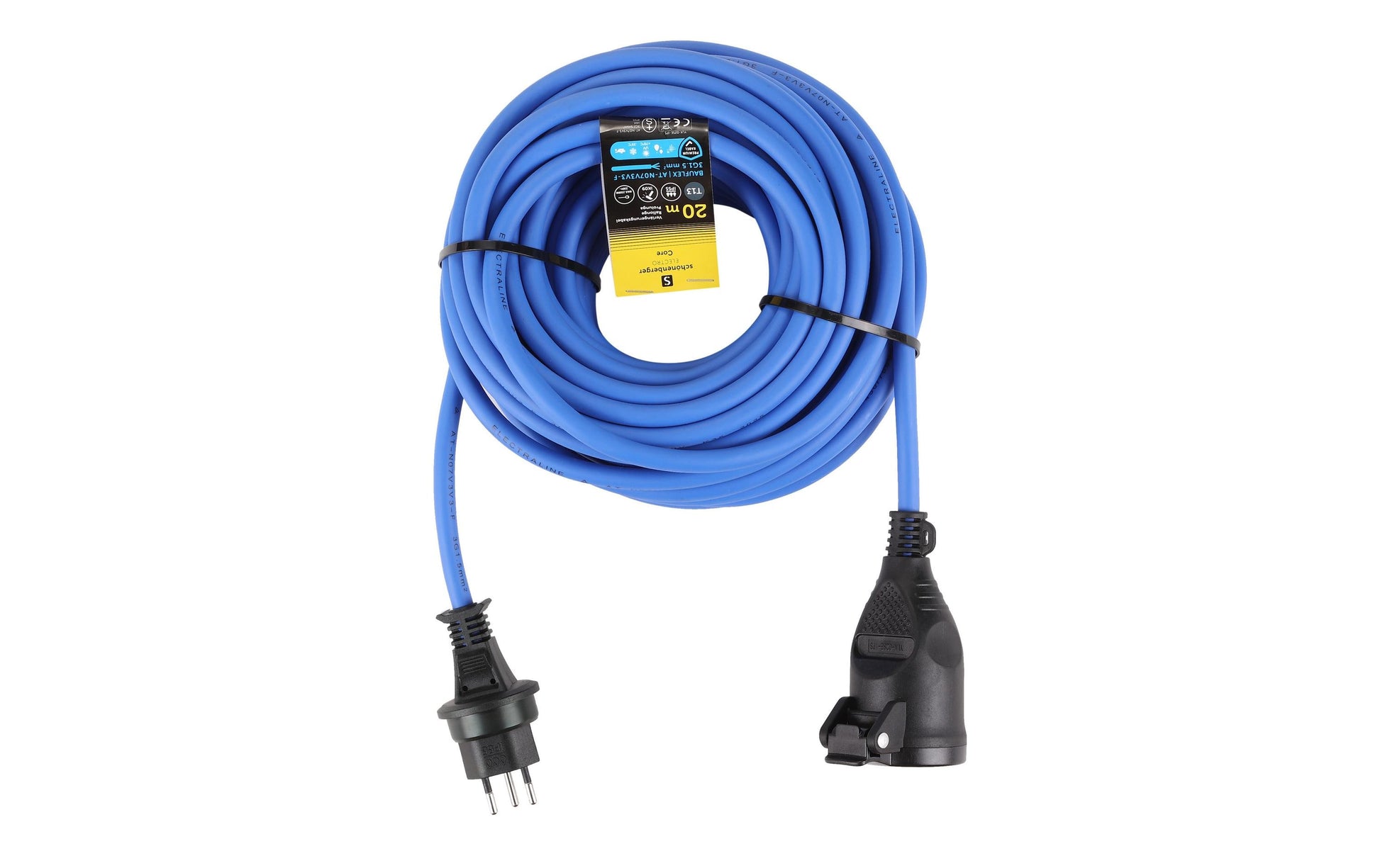 M. Schönenberger Verlängerungskabel, T13–T13, 20 m, IP55, 1,5 mm², Flachstecker – Blau/Schwarz