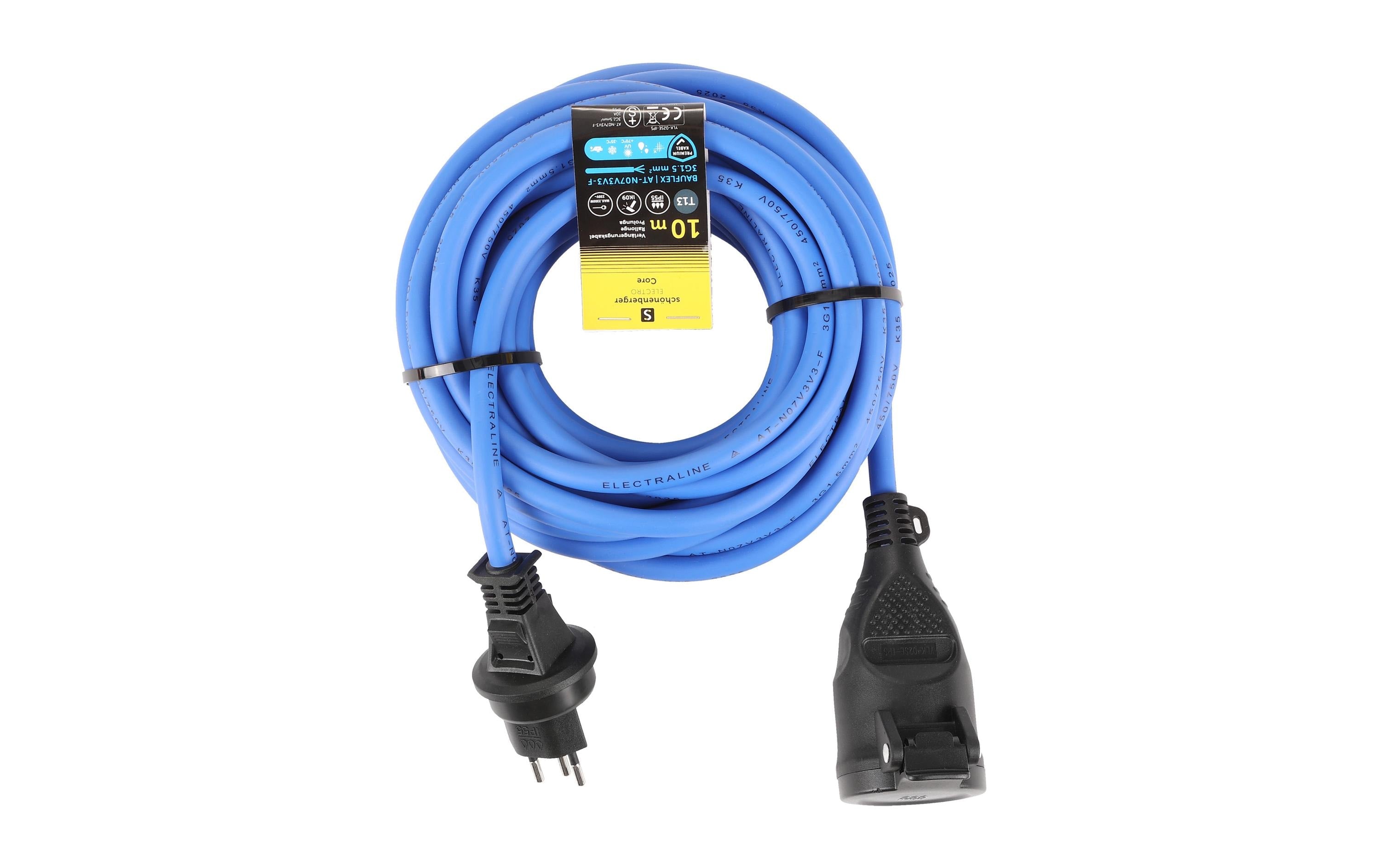 M. Schönenberger Verlängerungskabel, T13–T13, 10 m, IP55, 1,5 mm², Flachstecker – Blau