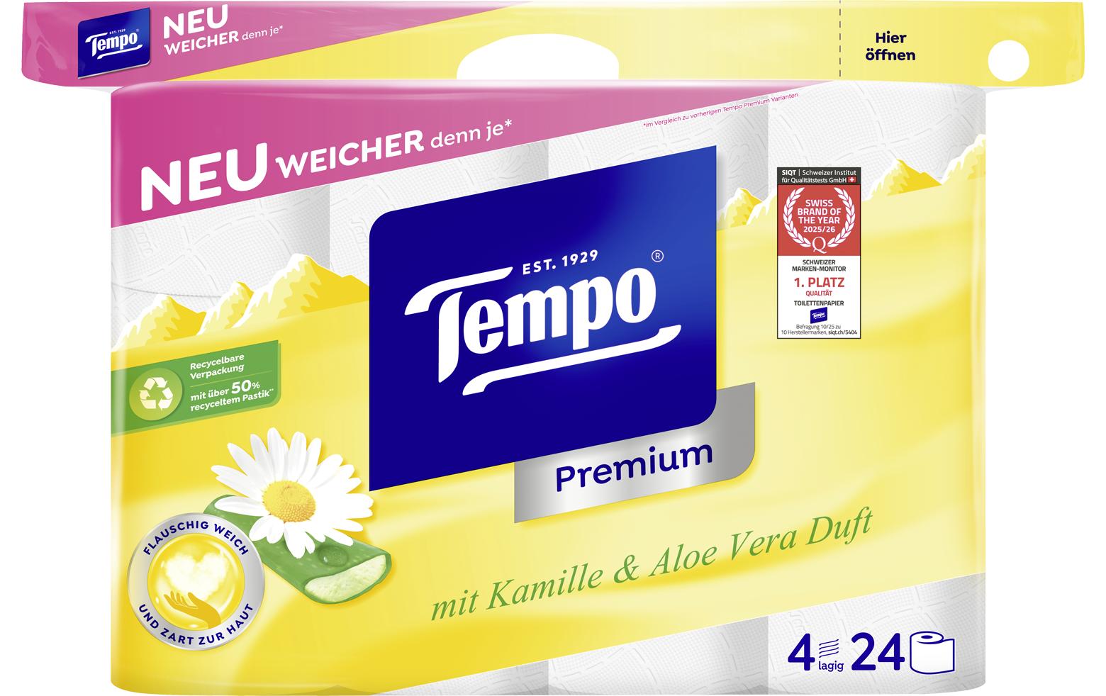 Tempo Toilettenpapier – 4-lagig, Kamille, Aloe, 120 Blatt/Rolle – 24 Rollen