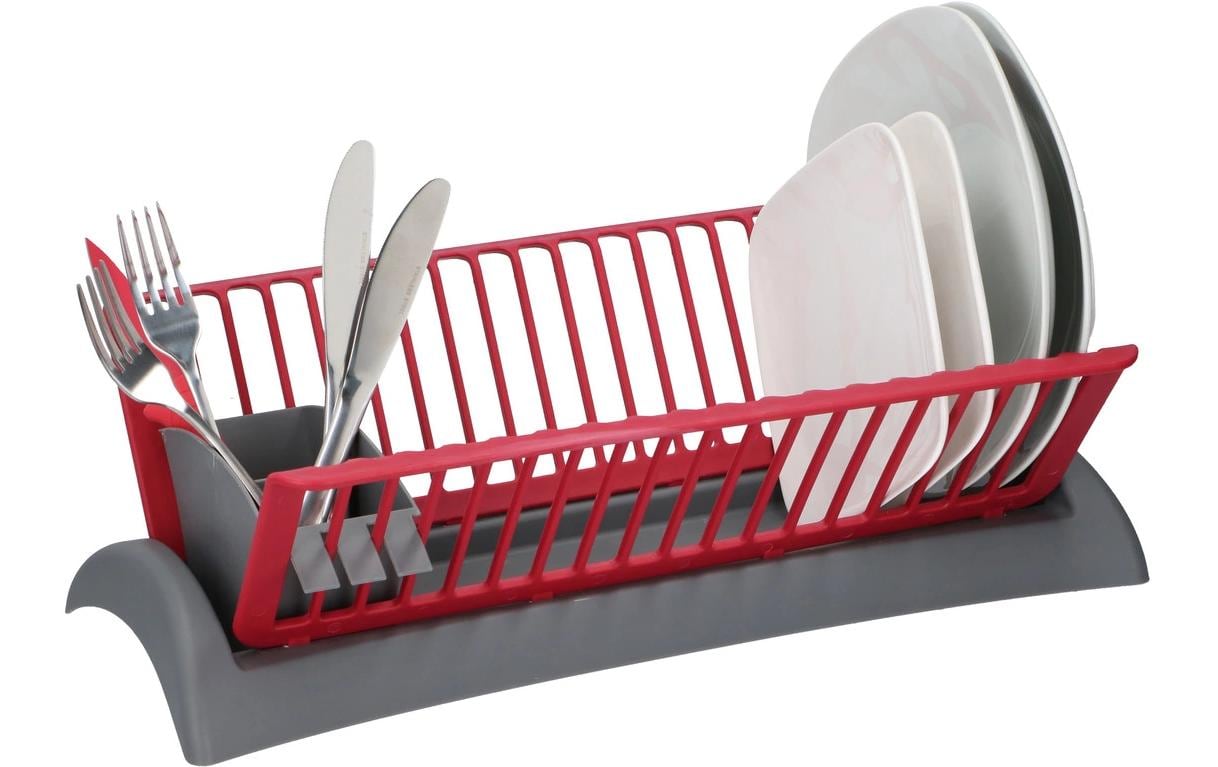 Alpina Abtropfgestell 46,5 × 26 × 14 cm, Polypropylen (PP), mit Besteck- und Tellerhalterung, Grau/Rot