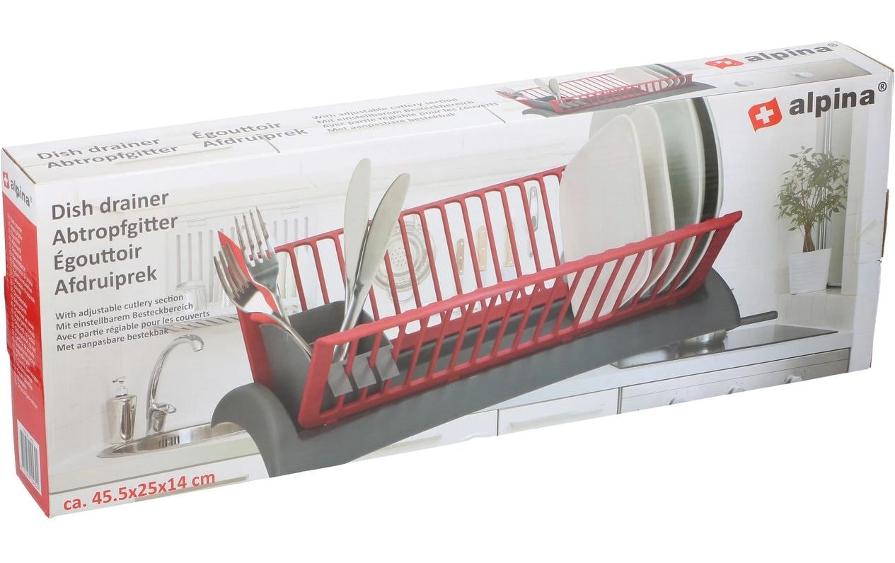 Alpina Abtropfgestell 46,5 × 26 × 14 cm, Polypropylen (PP), mit Besteck- und Tellerhalterung, Grau/Rot