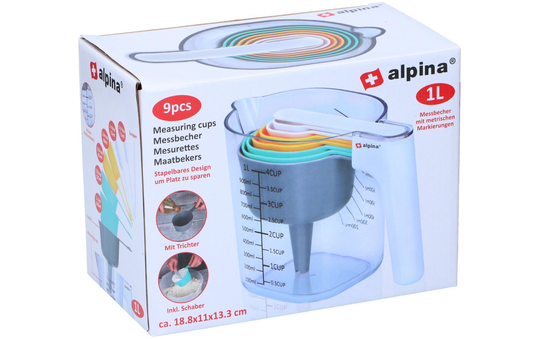 Alpina Messbecher 1 l, 18,8 × 11 × 13,8 cm, Kunststoff (ABS), 8-teilig (inkl. Trichter), mehrfarbig