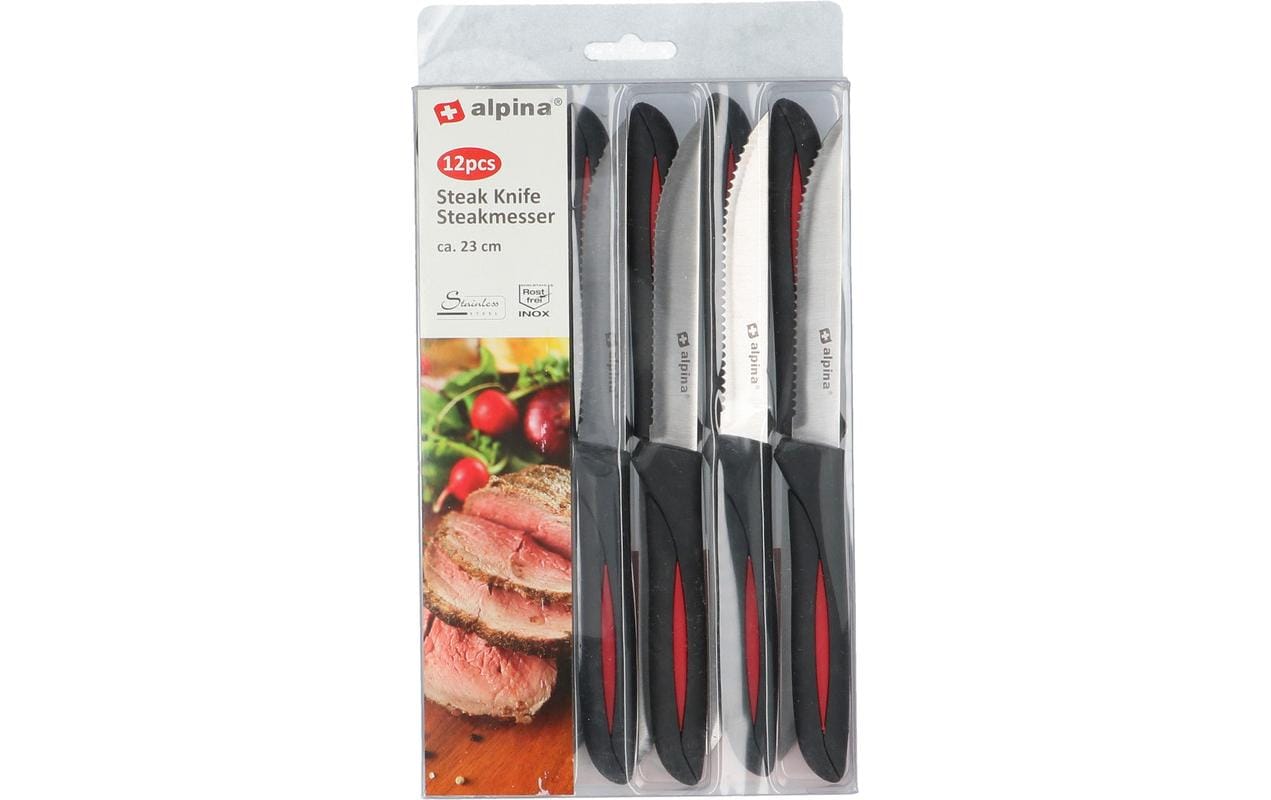 Alpina Steakmesser – 4er-Set, 12 cm, Wellenschliff, Edelstahl, Kunststoffgriff, Schwarz